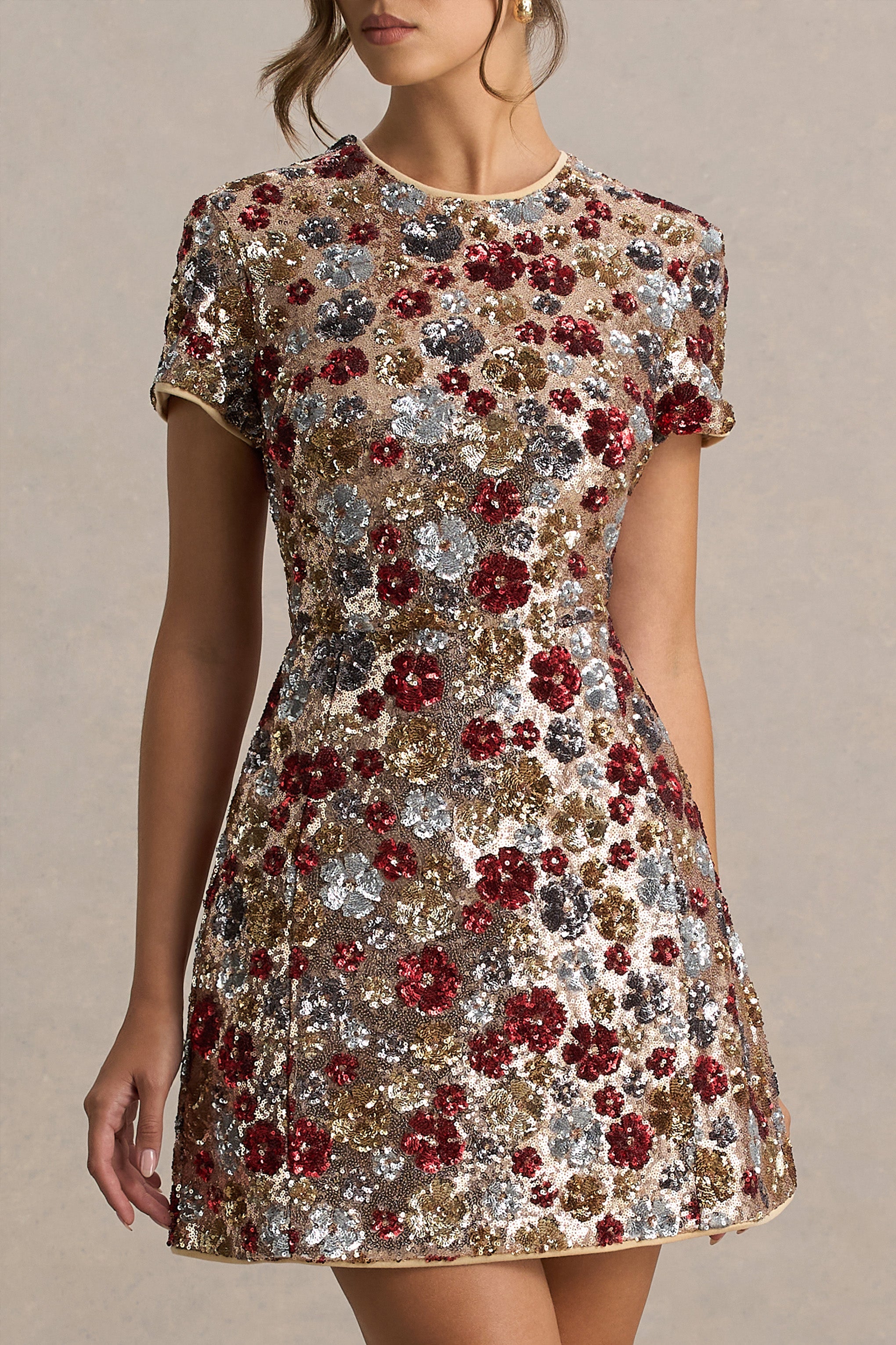 Eira | Red Floral Embellished Sequin Crew-Neck Mini Dress-Sowoom