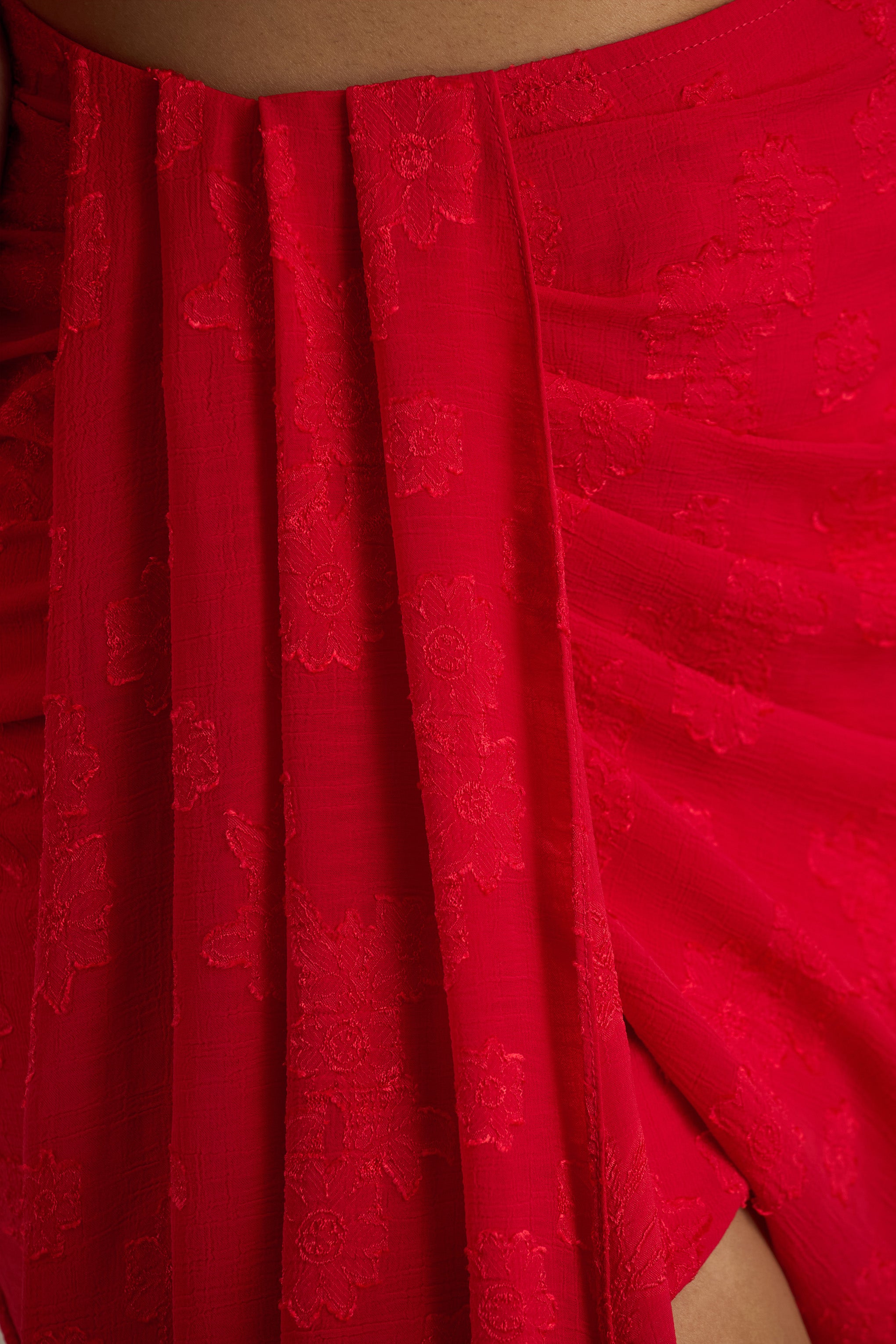 Melania | Red Satin Devore Wrap Mini Skirt With Sash Detail-Sowoom