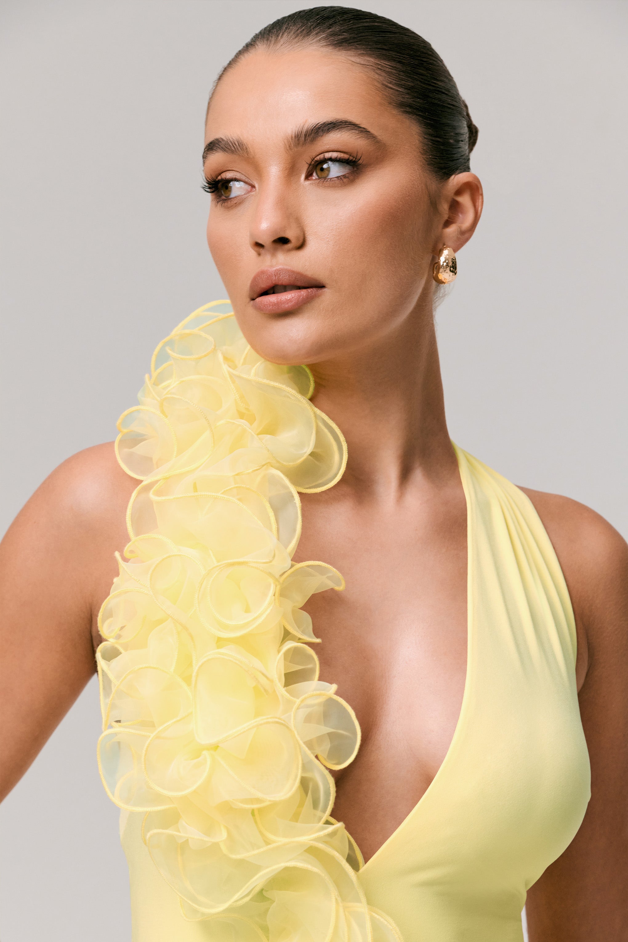 Harriet | Lemon Plunge-Neck Maxi Dress With Floral Detail-Sowoom