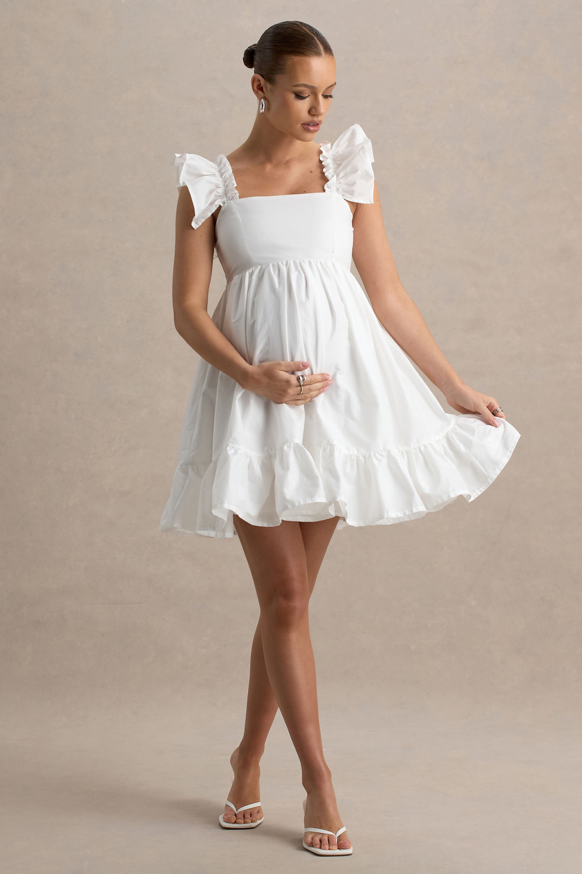 Dolly Daze | White Ruffle Sleeve Babydoll Maternity Mini Dress-Sowoom
