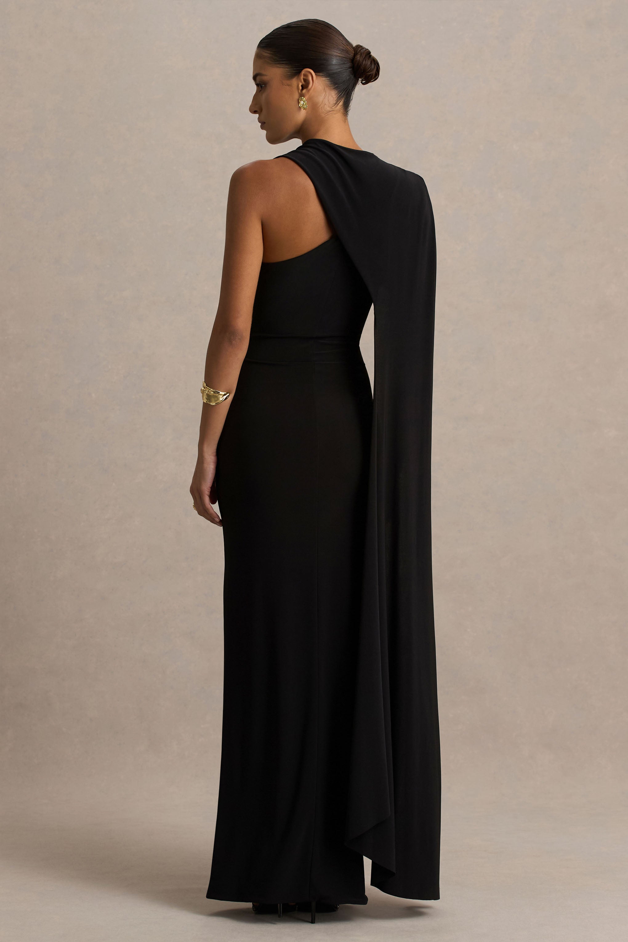 Dawn | Black High-Neck Maxi Dress With One Long Cape-Sleeve-Sowoom