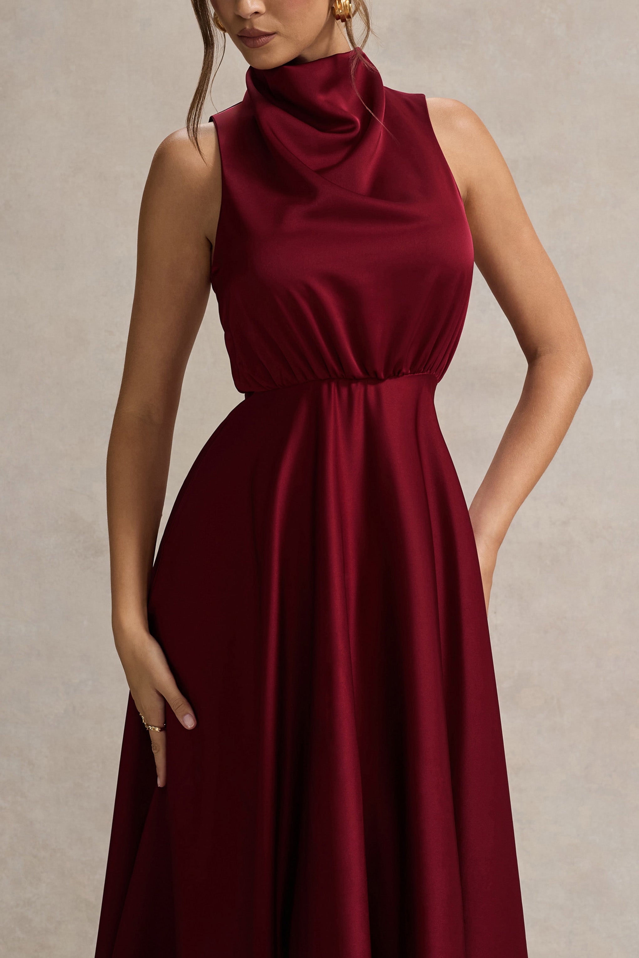 Kerri | Berry Satin Cowl-Neck Maxi Dress-Sowoom