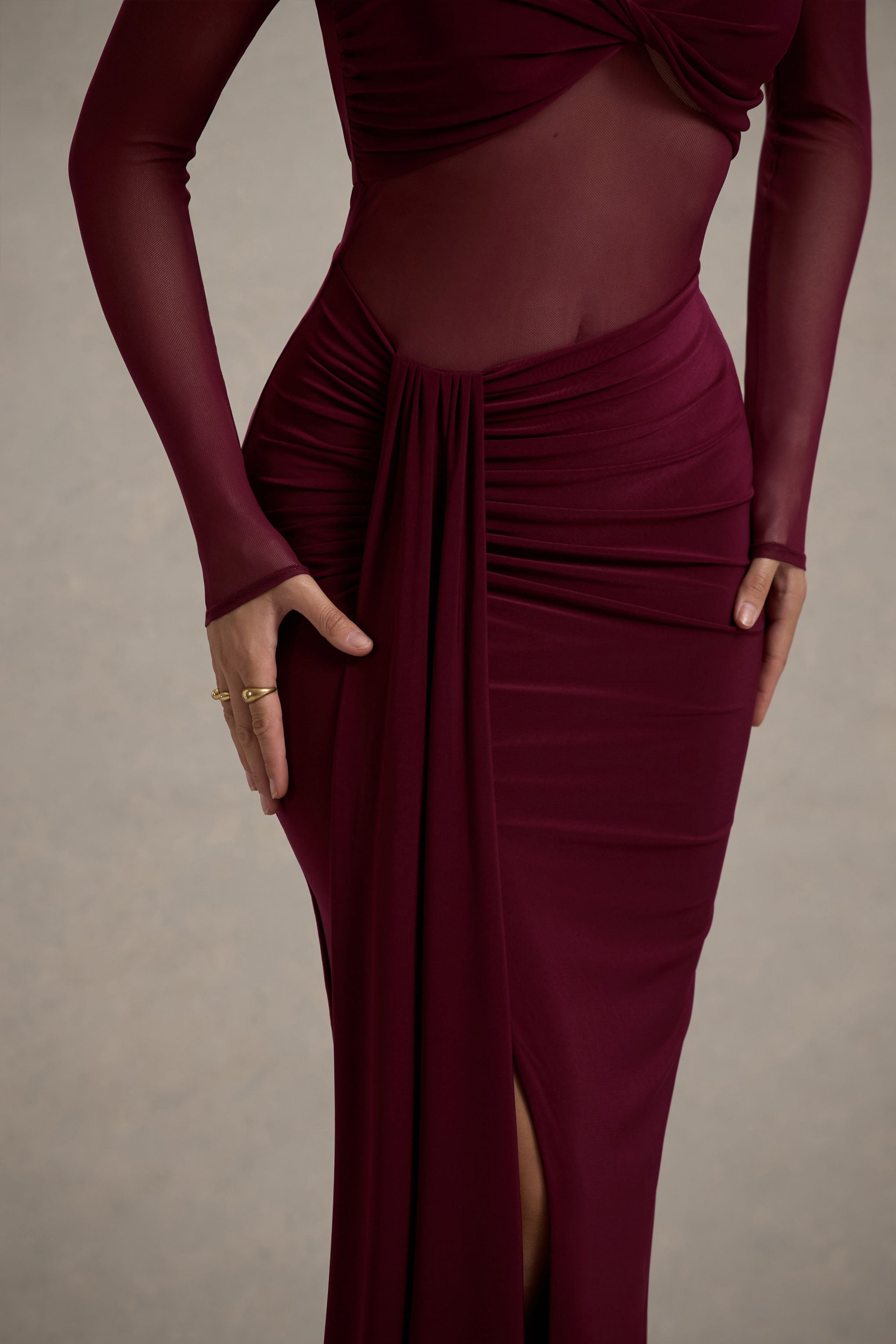 Cover Star | Burgundy Mesh Bardot Long-Sleeve Draped Maxi Dress-Sowoom