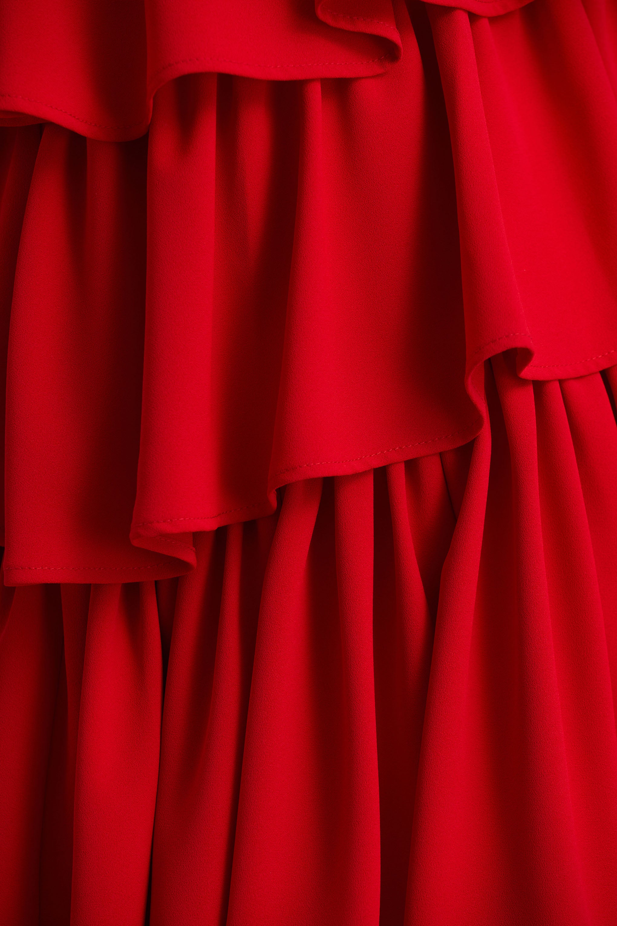 Bogota | Red Plunge-Neck Maxi Dress With Ruffling Details And Front High Split-Sowoom