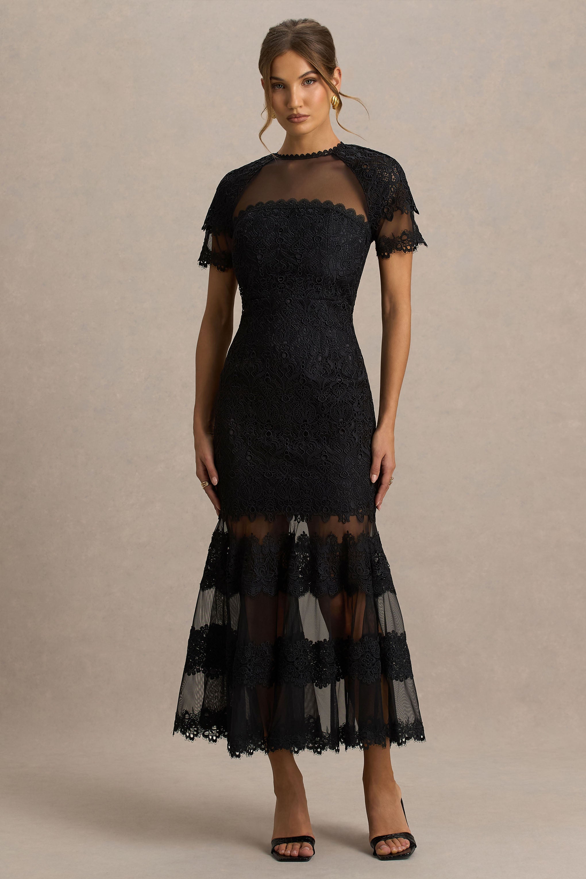 Leanne | Black Mesh And Lace Crew-Neck Fishtail Midi Dress-Sowoom