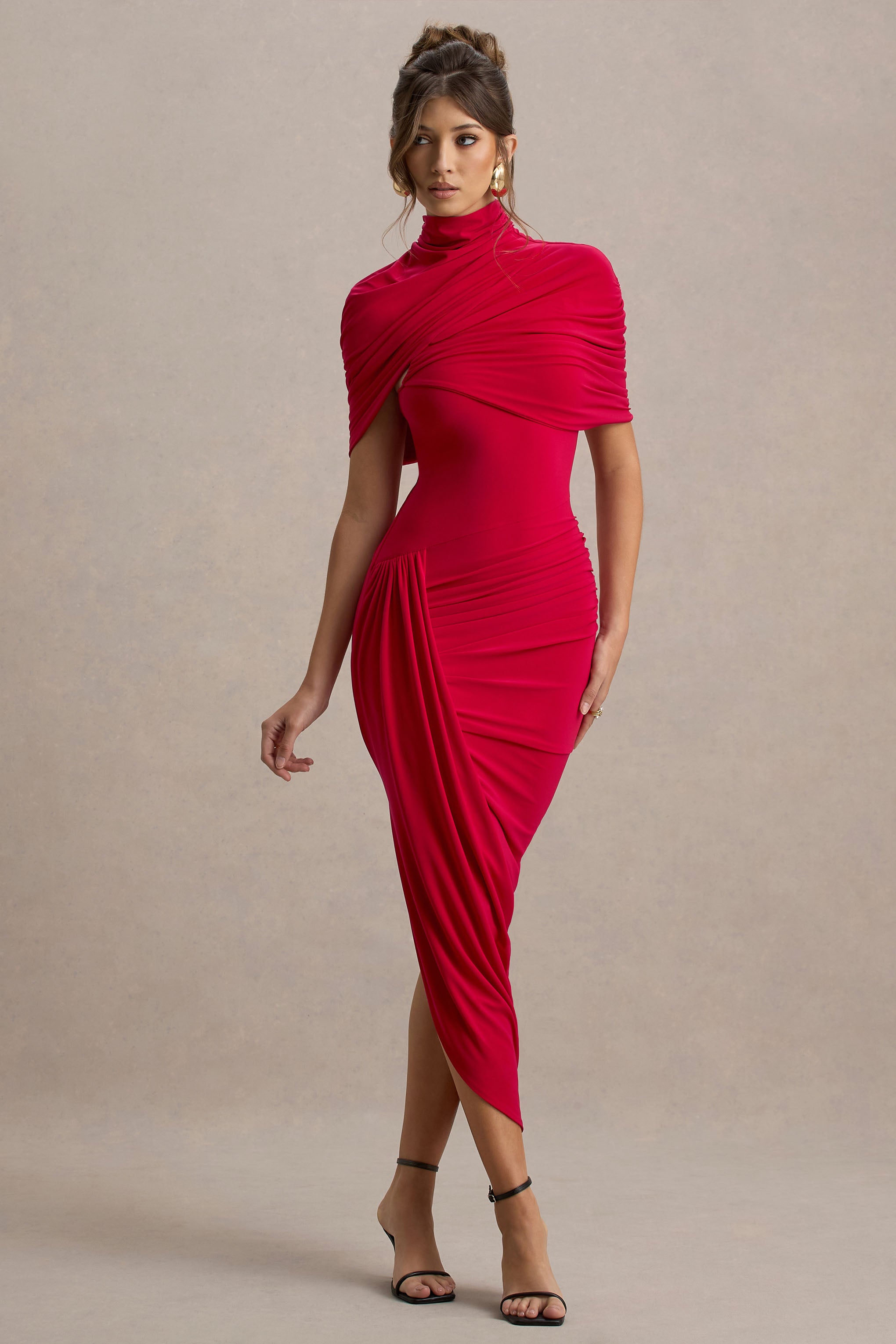 Enchant | Red Asymmetric Twisted Cape Midi Dress-Sowoom