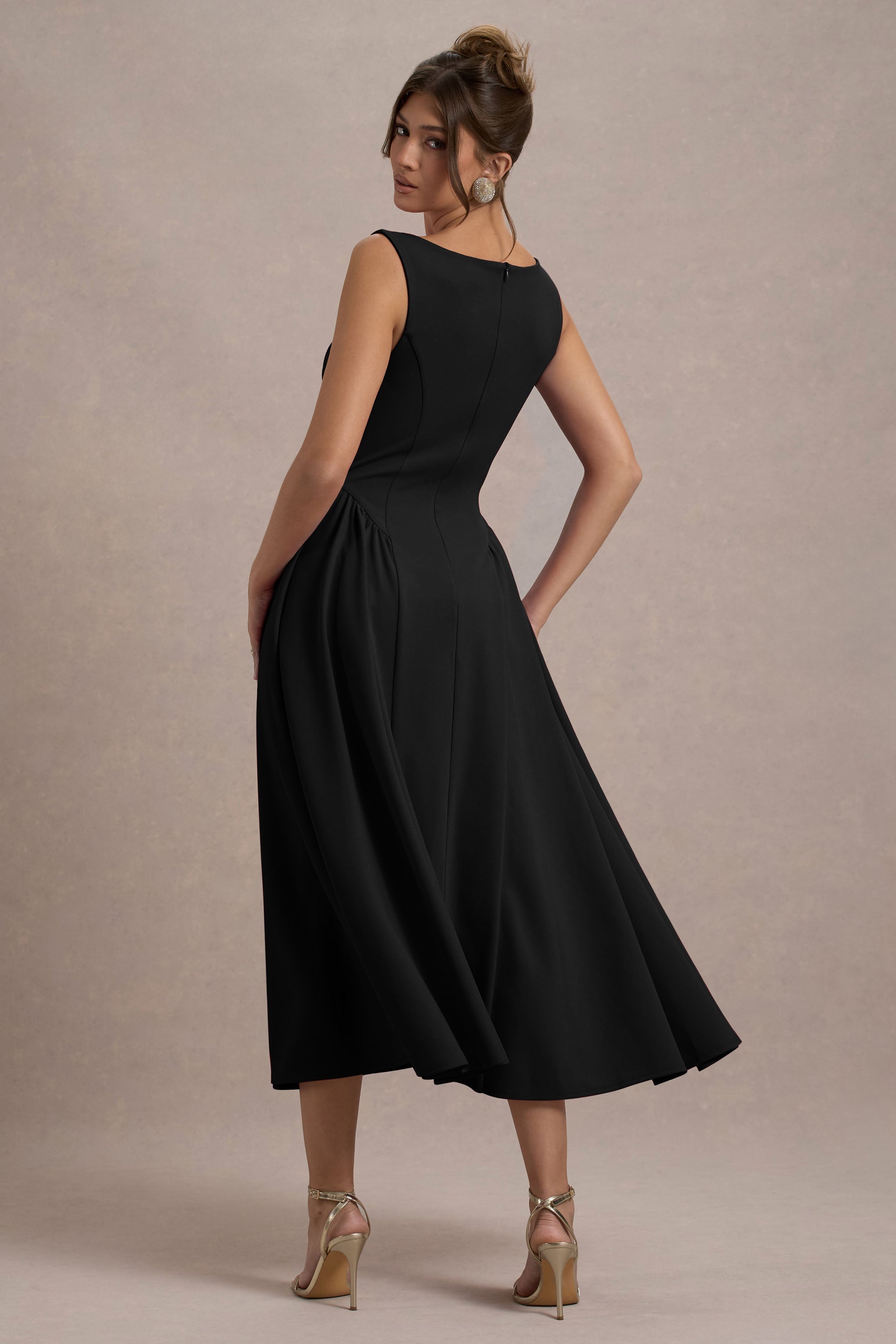 Muriel | Black Boat-Neck Volume-Hem Midi Dress-Sowoom