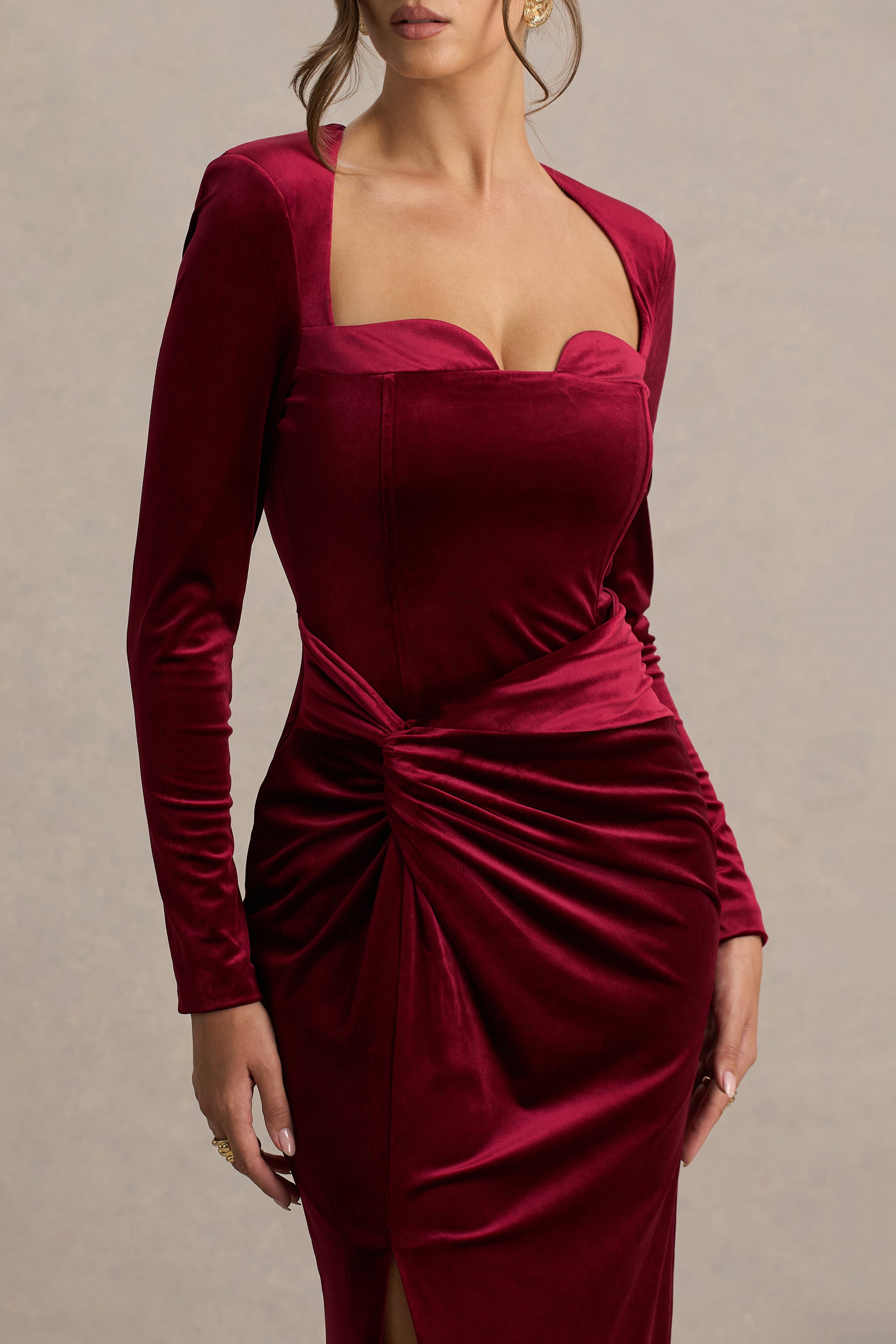 Fay | Berry Velvet Corset Style Knot Maxi Dress-Sowoom