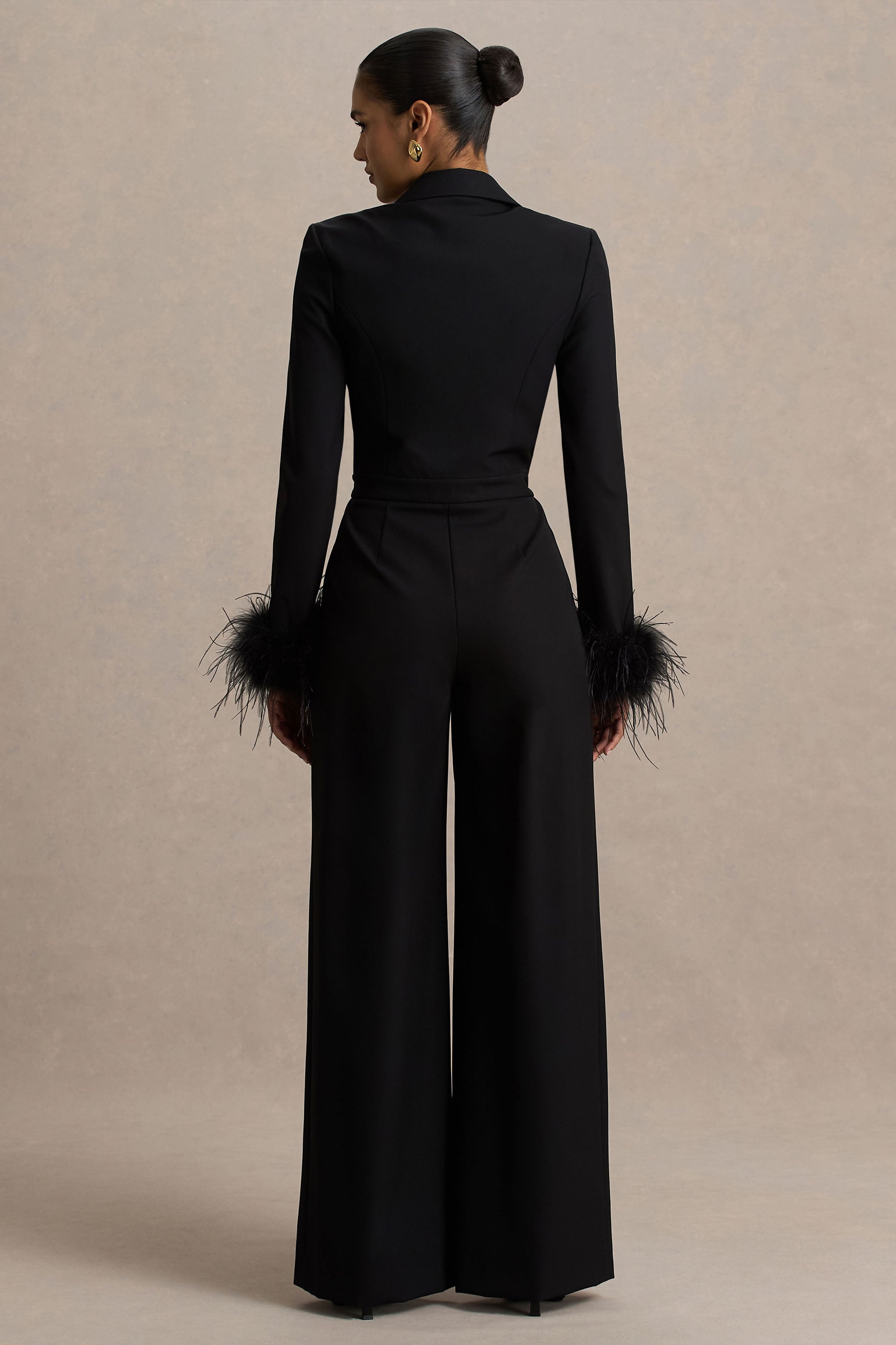 Lissy | Black Plunge-Neck Jumpsuit With Feather-Detailed Sleeves-Sowoom