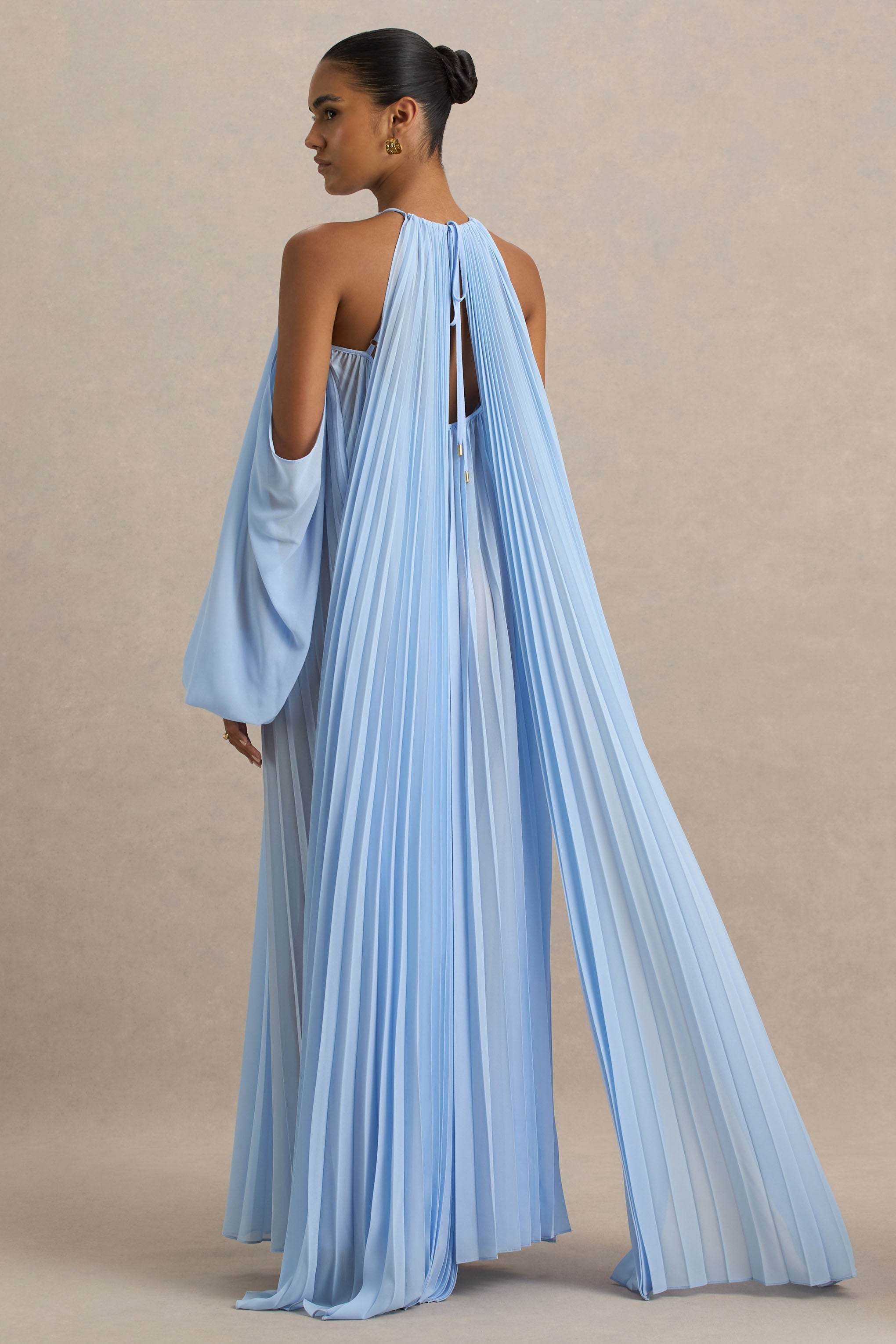 Reyna | Powder Blue Pleated Chiffon Cold-Shoulder Maxi Dress-Sowoom