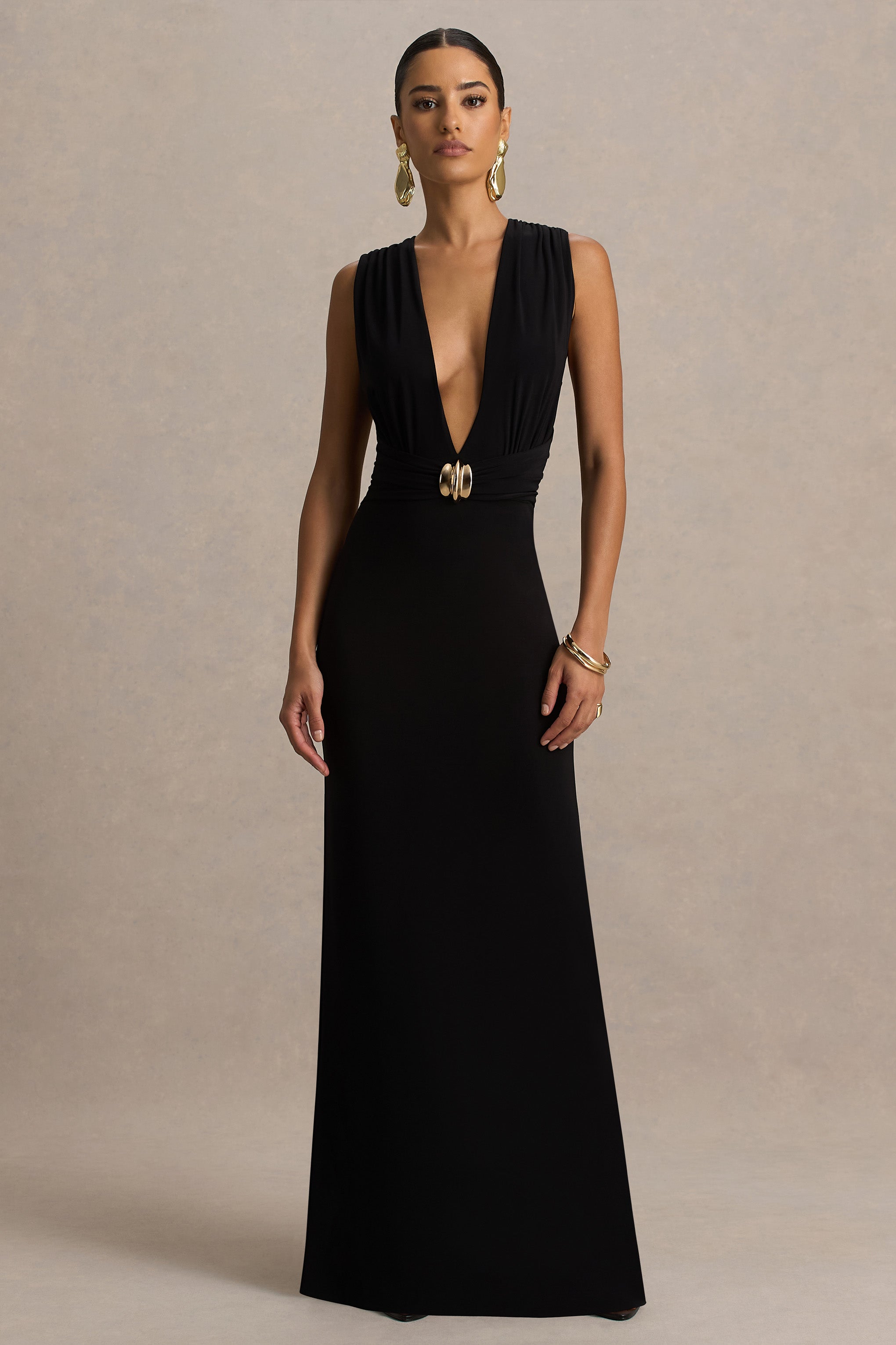 Alena | Black Extreme-Plunge Neck Maxi Dress With Gold Detail-Sowoom