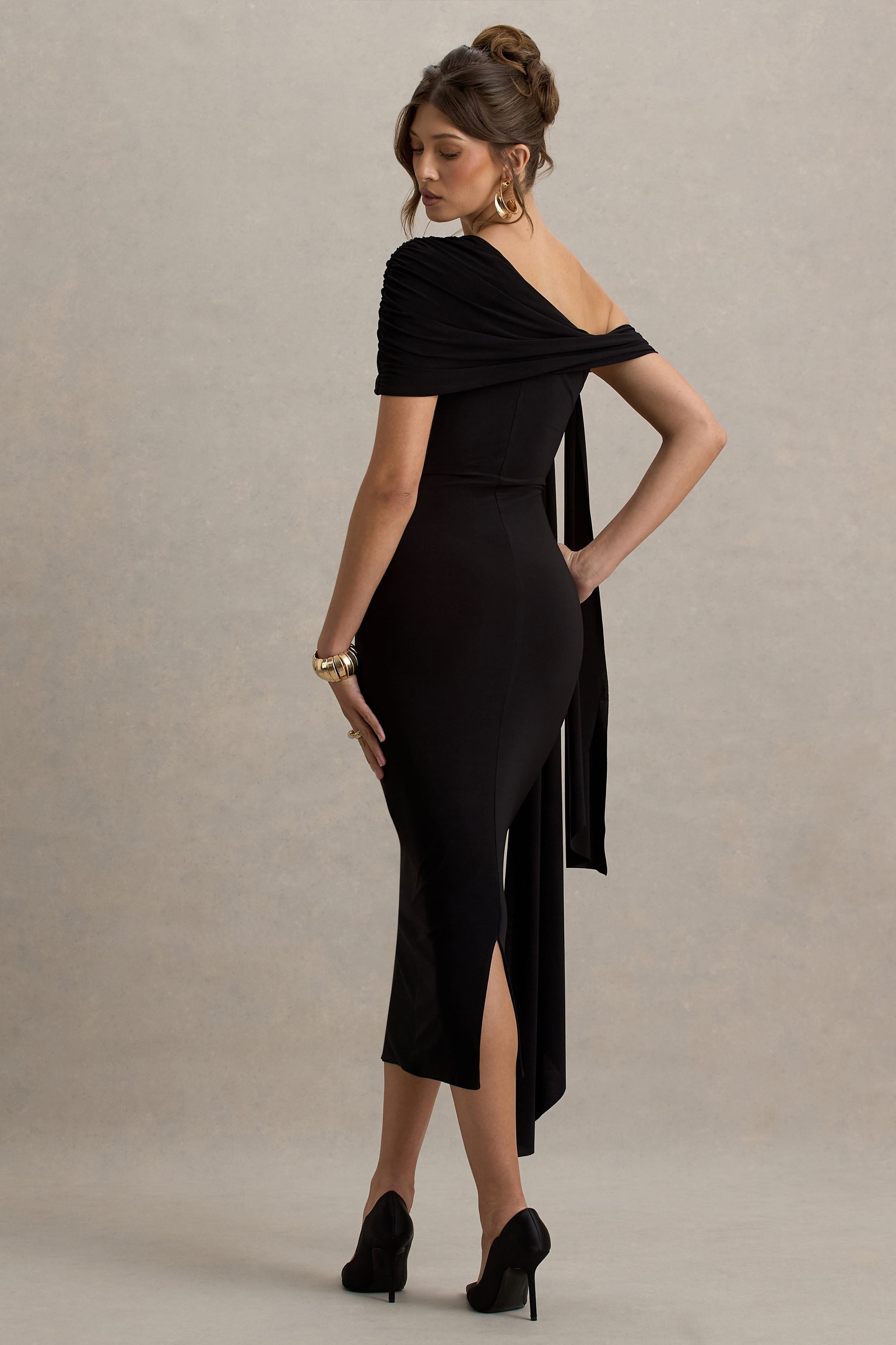 Praia | Black Asymmetric-Neck Maxi Dress With Sash and Draped Detailing-Sowoom