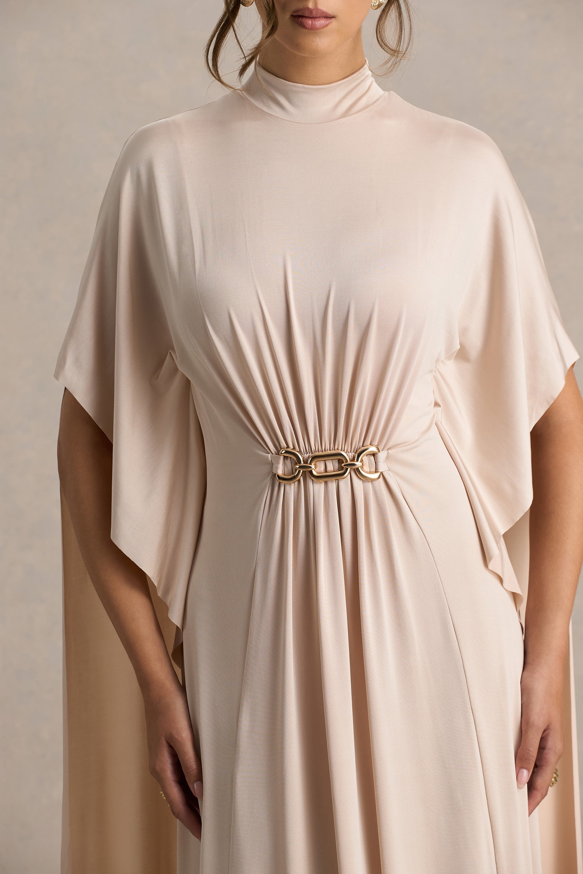 Olessia | Champagne Belted Gathered Cape-Sleeve Maxi Dress-Sowoom
