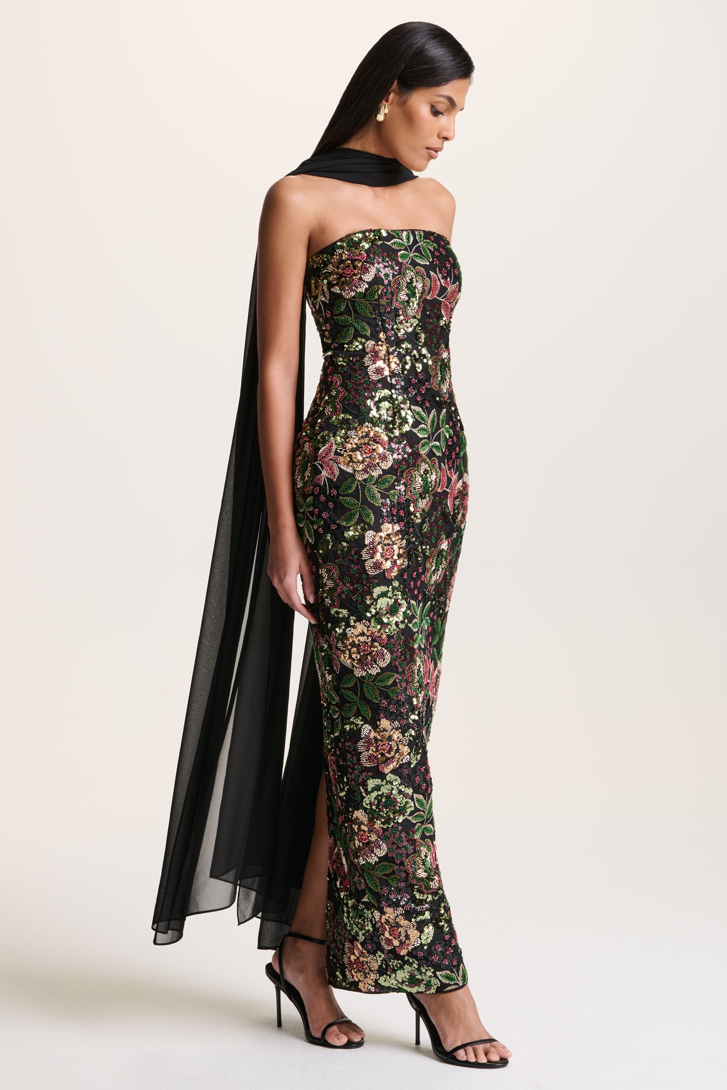 Cora | Winter Floral Embellished Mesh Bandeau Maxi Dress With Scarf-Sowoom