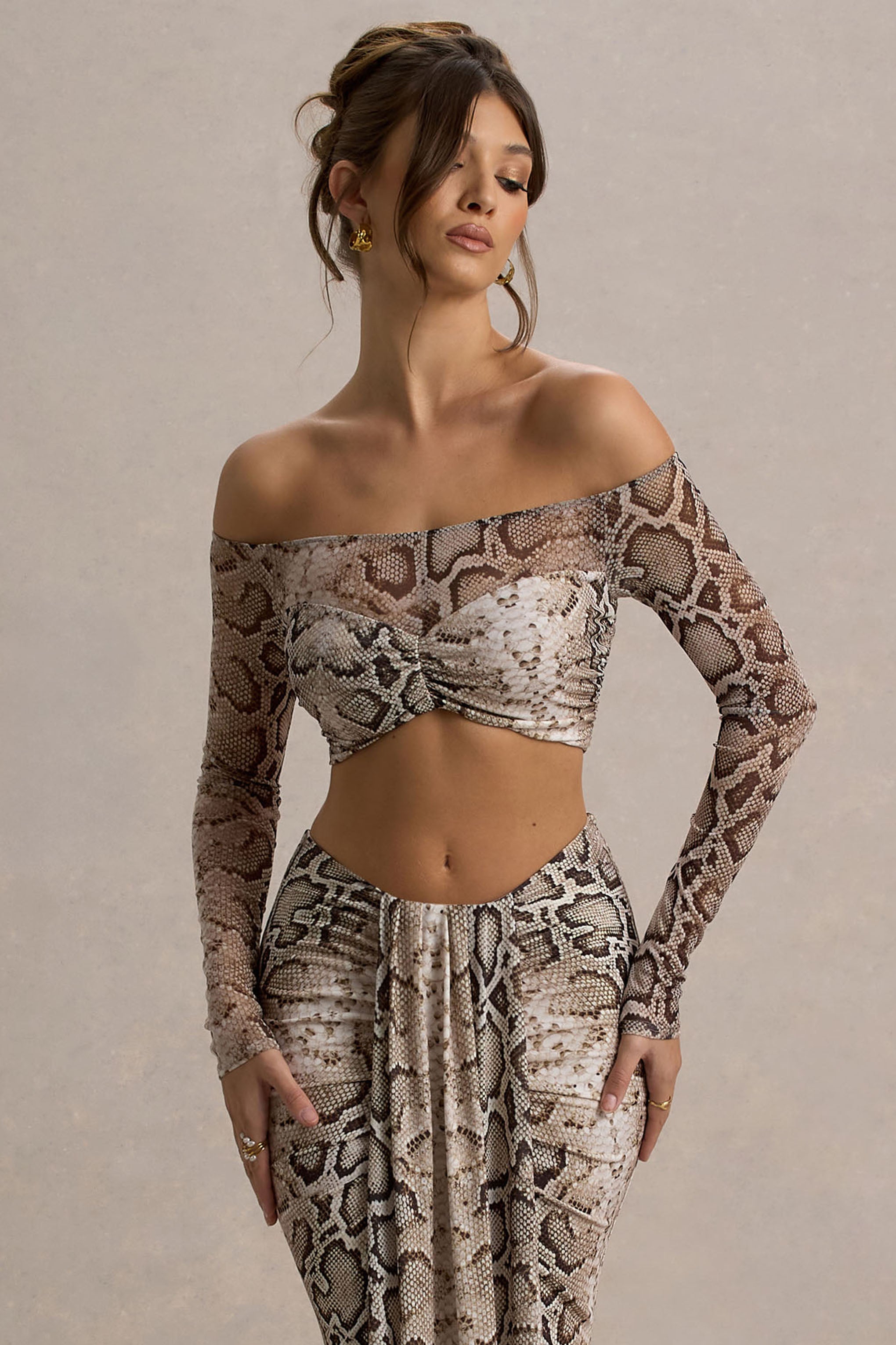 Kelsie | Snake Print Mesh Bardot Crop Top-Sowoom
