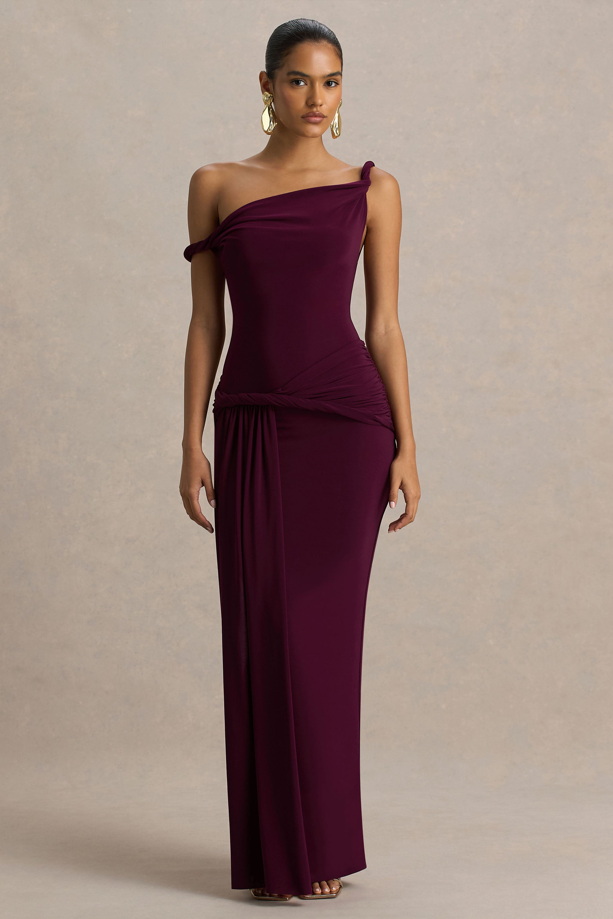 Tulisa | Burgundy Asymmetric-Neck Maxi Dress With Twist Sleeves And Ruched Detailing-Sowoom