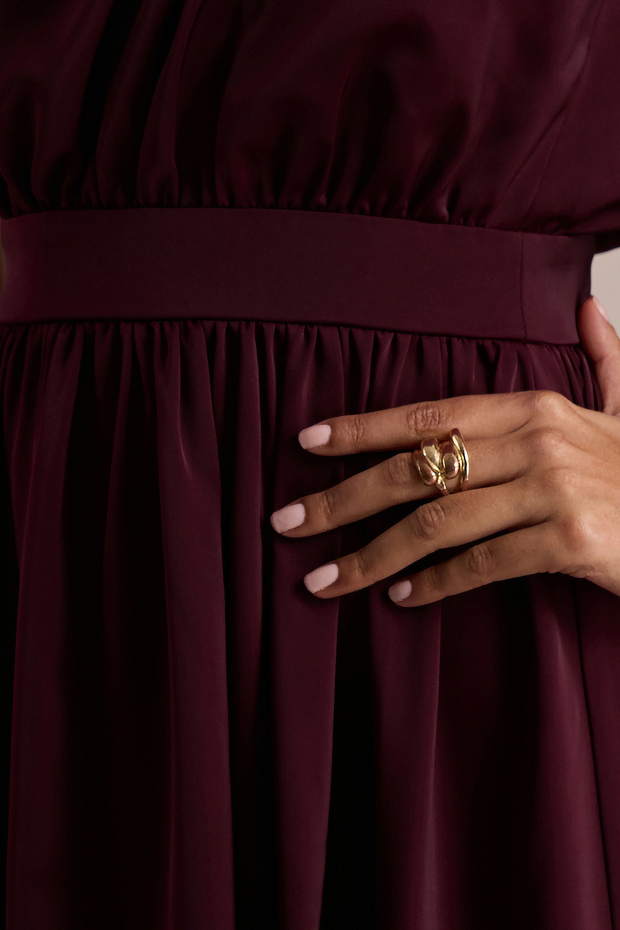 Caluna | Burgundy Satin Asymmetric-Neck Midi Dress With Scarf-Detail-Sowoom