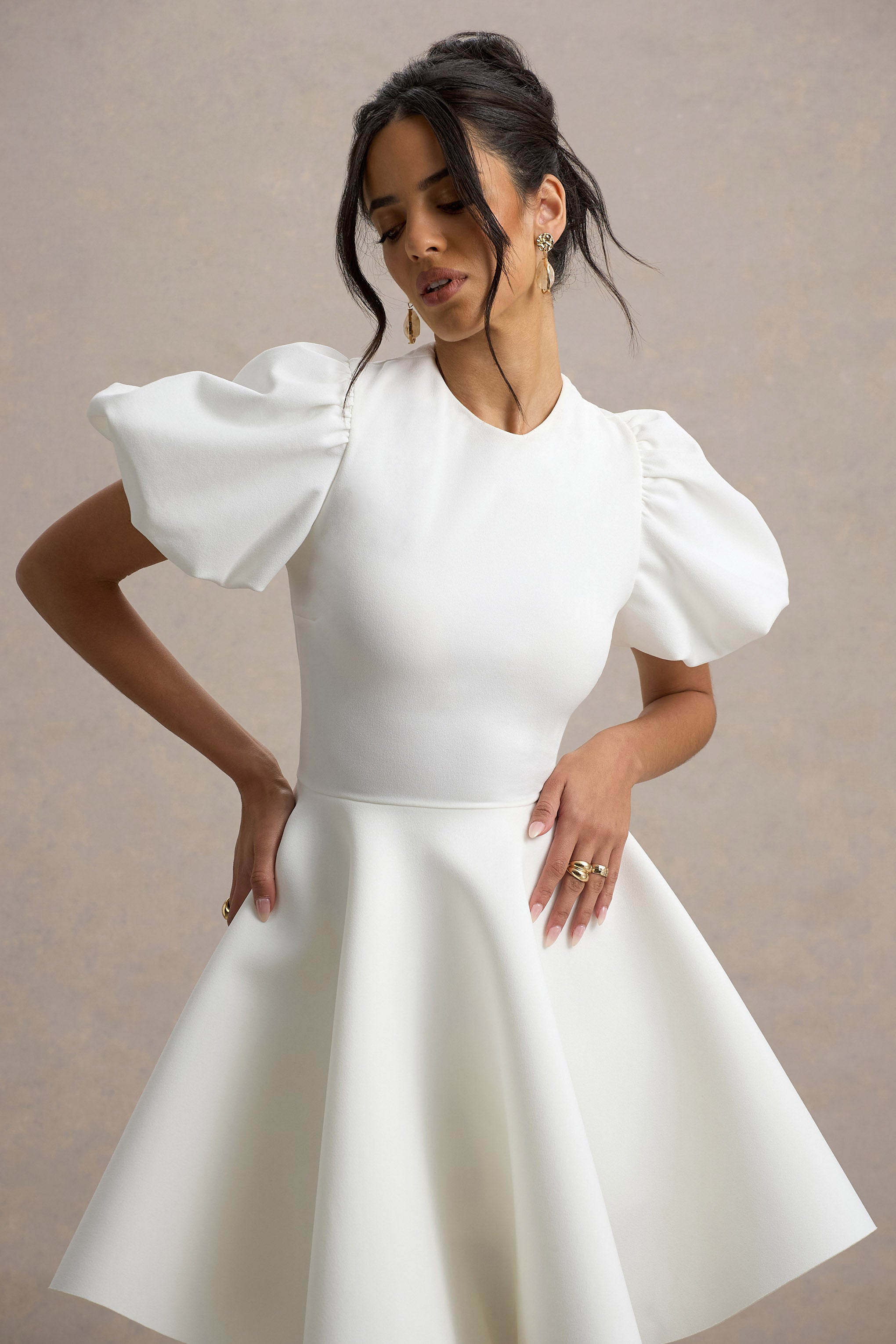 Emelia | White Puff-Sleeve Skater Mini Dress-Sowoom