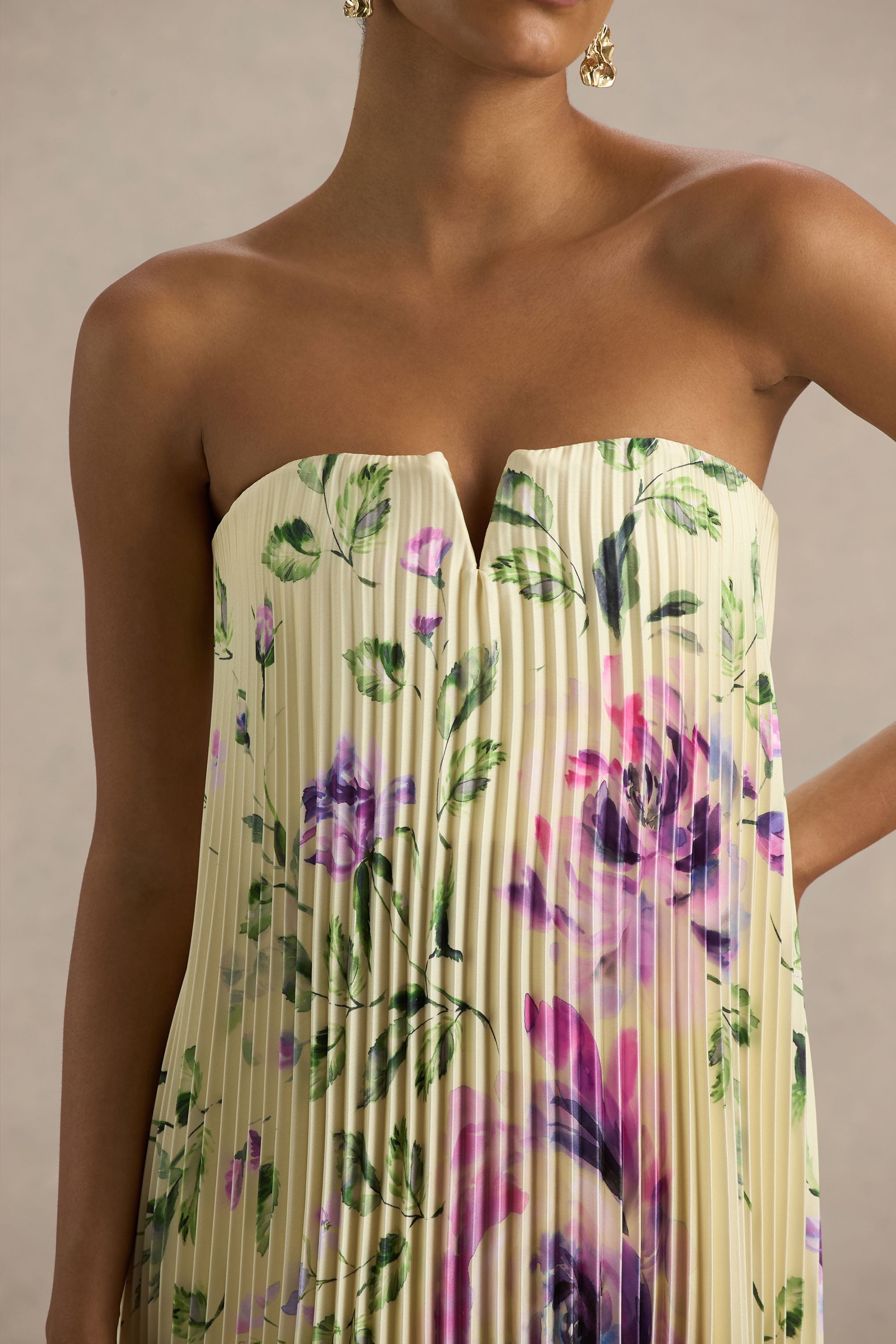 Bergamot | Lemon Rose Print Satin Sweetheart Maxi Dress-Sowoom