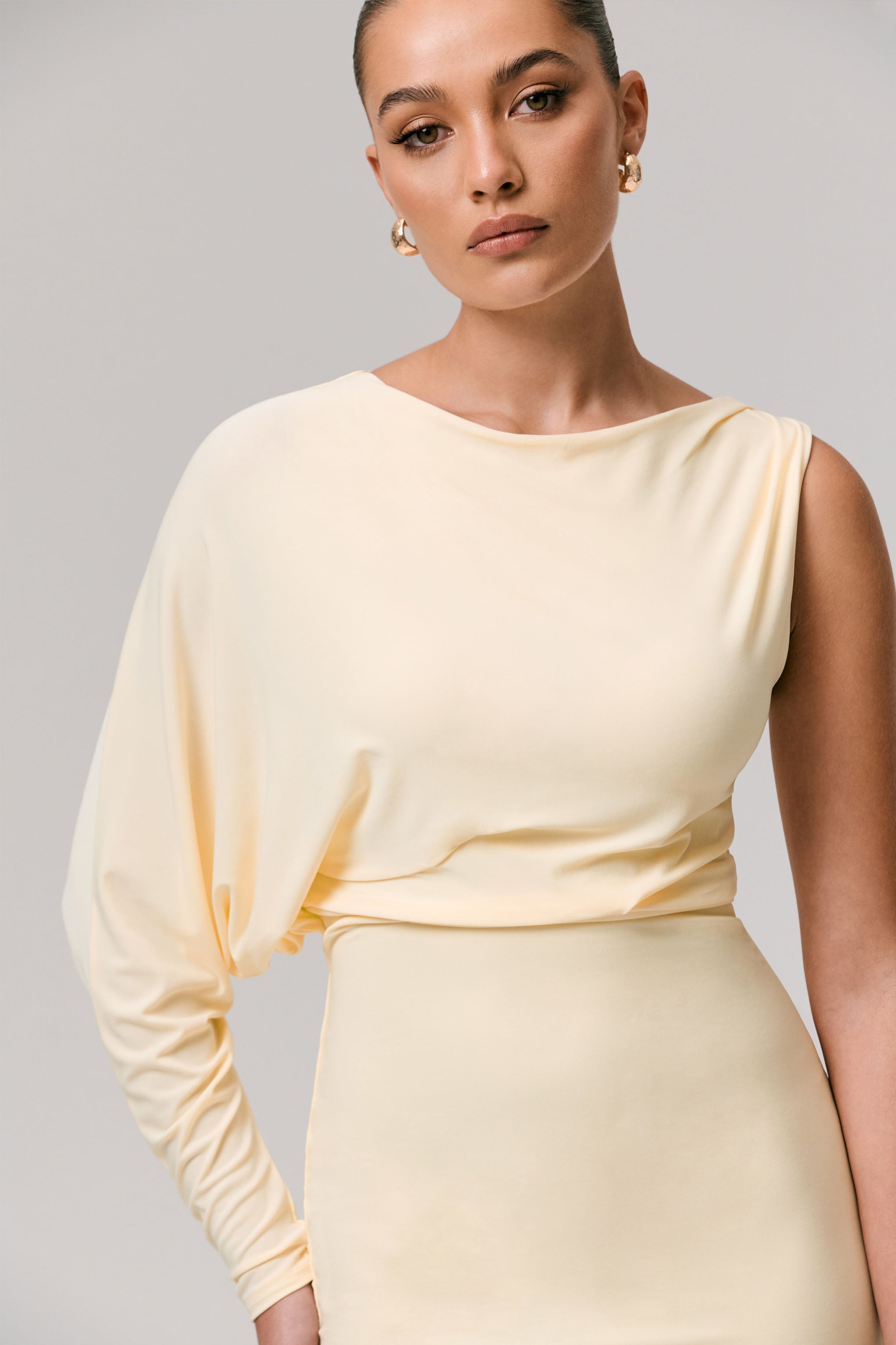 Delia | Pale Lemon One-Sleeve Mini Dress-Sowoom