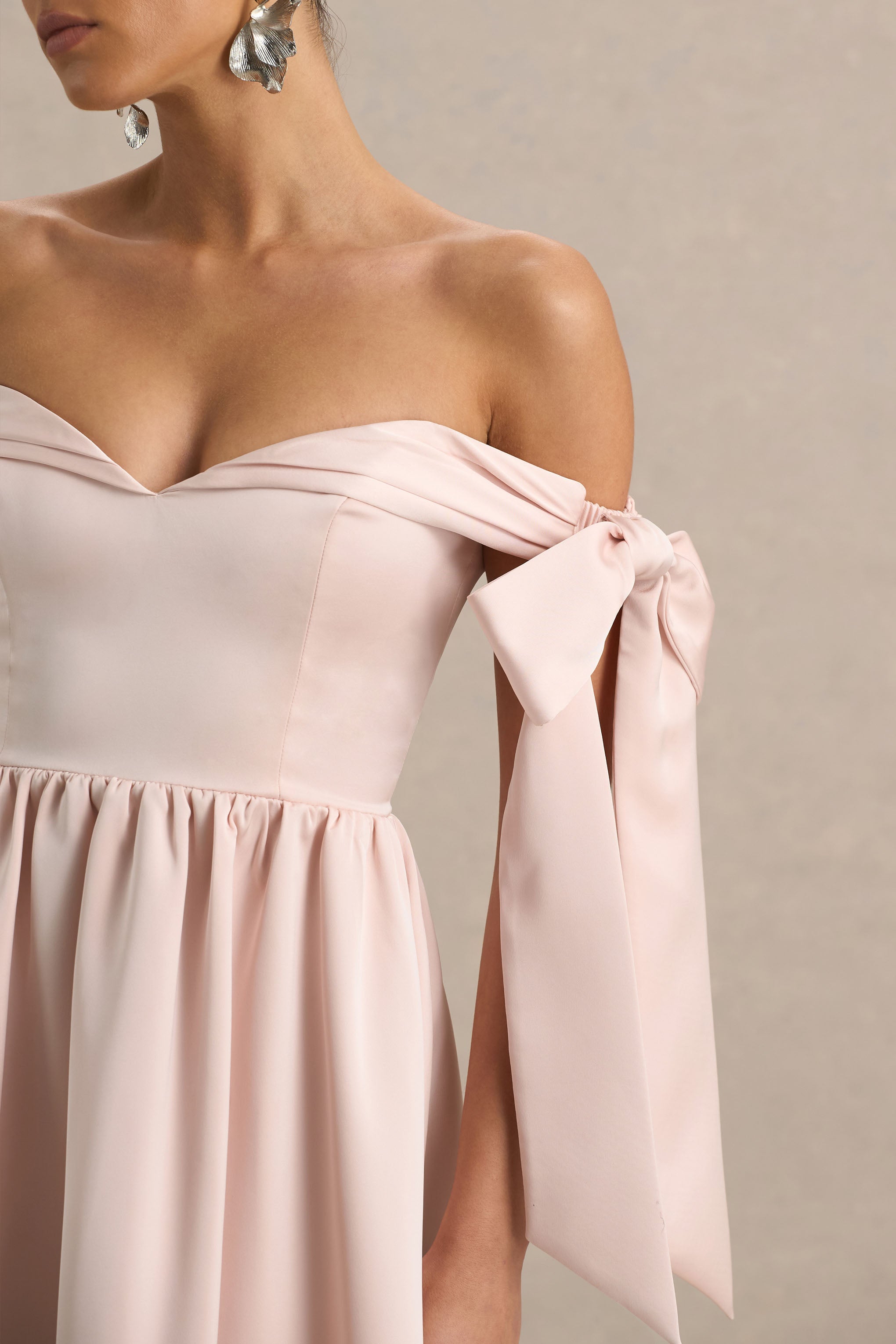 Agafay | Rose Pink Satin Short-Sleeve Bardot Wrap Midi Dress With Bow Detail-Sowoom