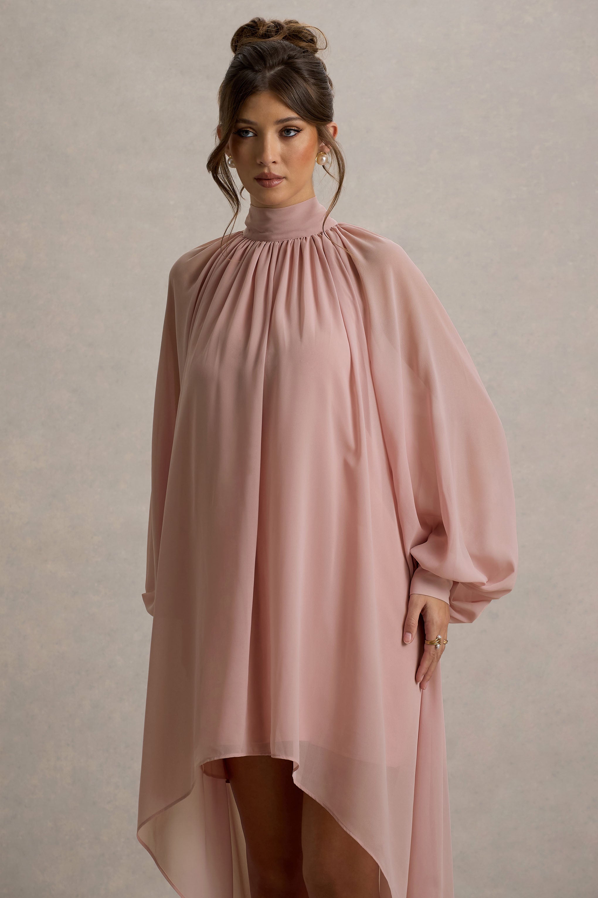 Delphia | Pale Pink High-Neck Maxi Dress With High-Low Hem-Sowoom