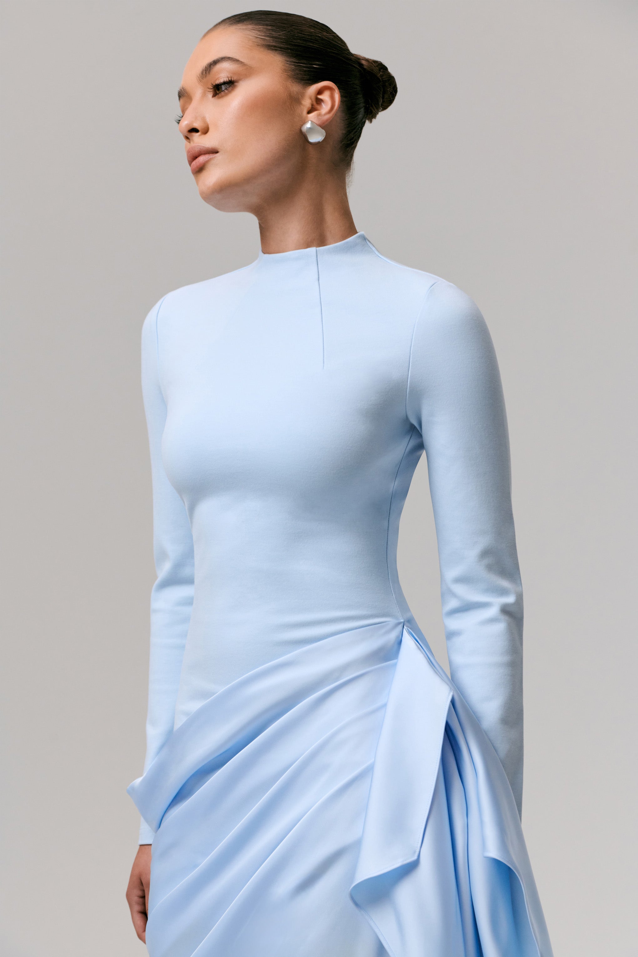 Raffie | Powder Blue Long-Sleeve Midi Dress With Satin Wrap Skirt-Sowoom