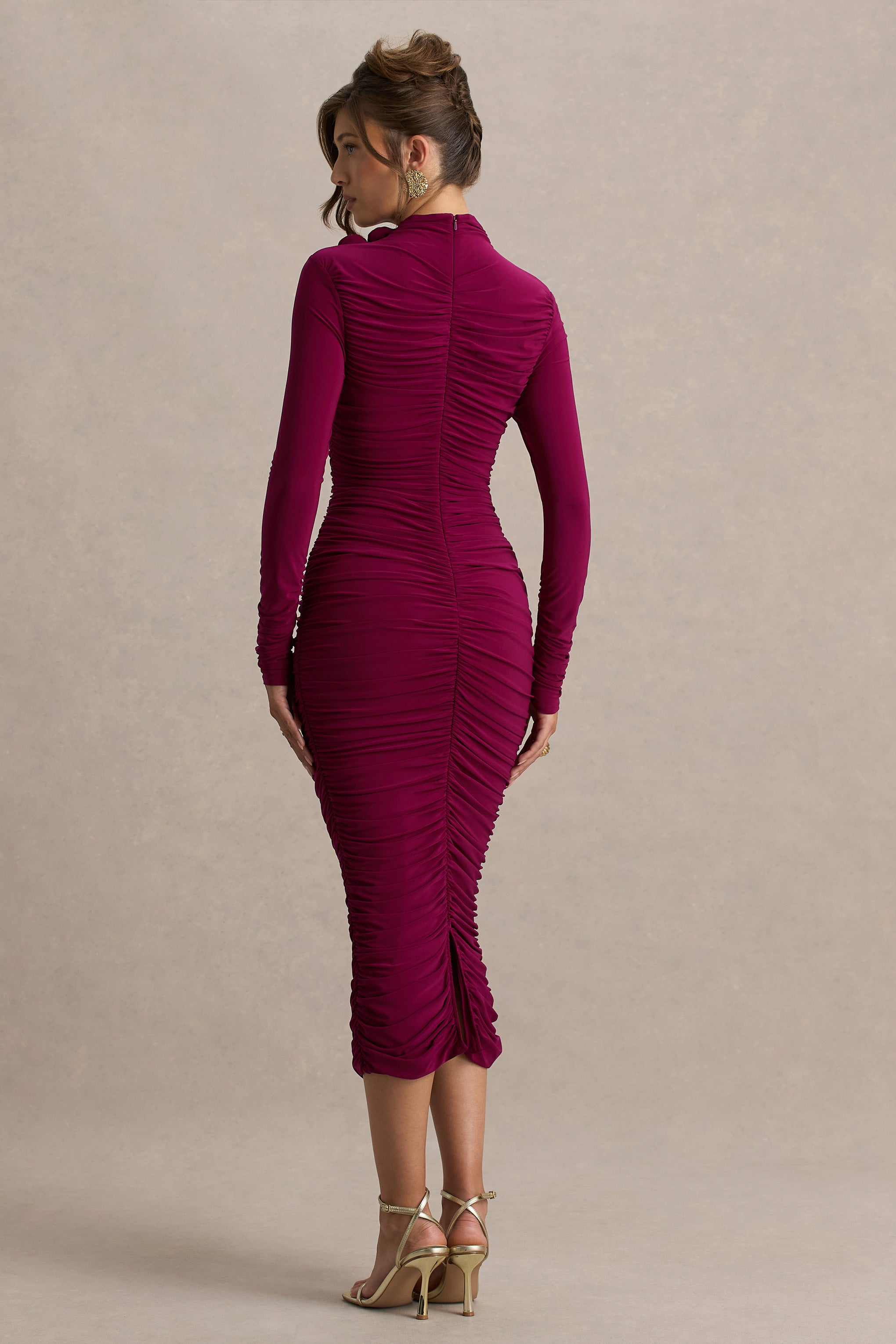 Tamara | Burgundy Long-Sleeve Ruched Midi Dress-Sowoom