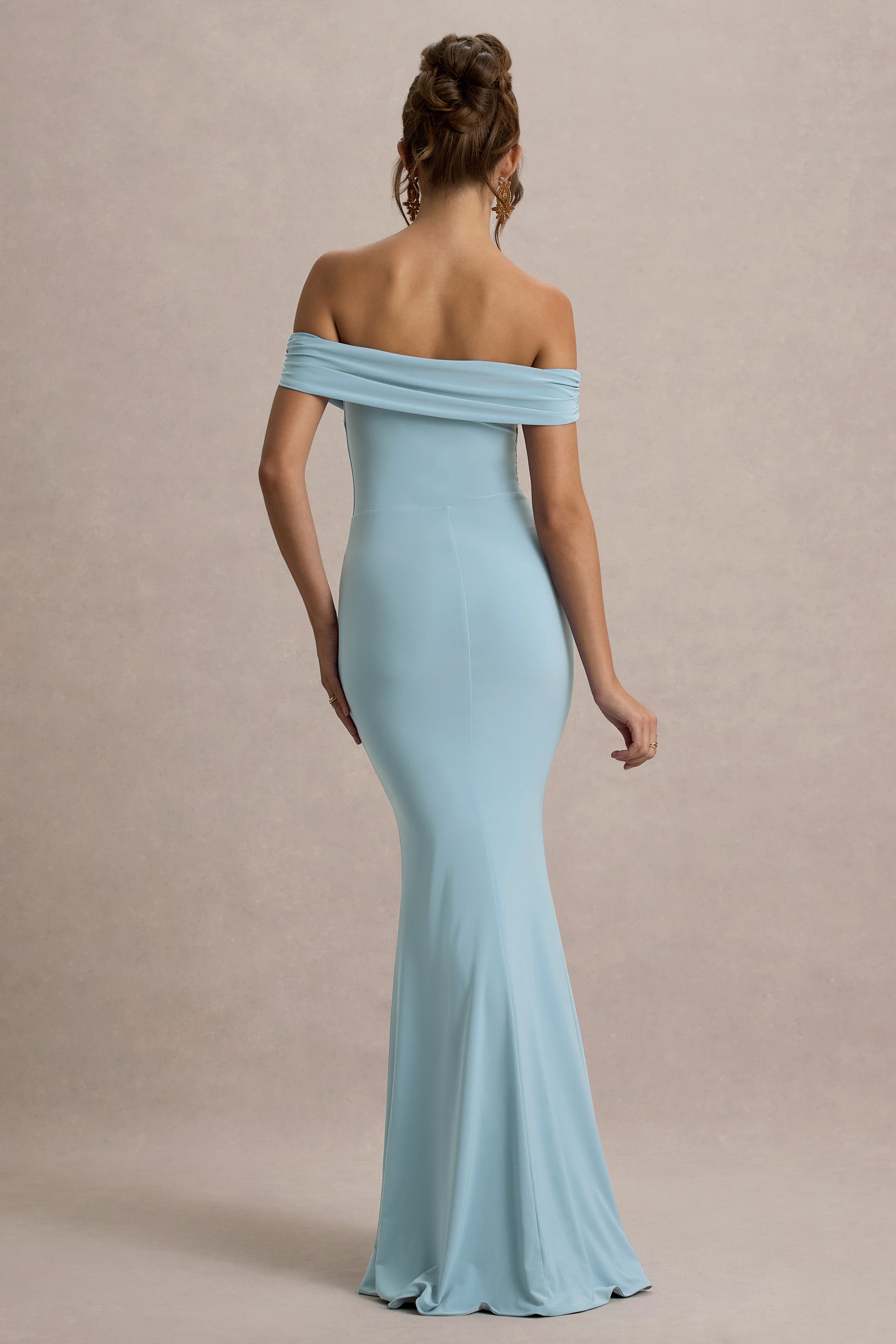 Law of Attraction | Powder Blue Bardot Draped Split Maxi Dress-Sowoom