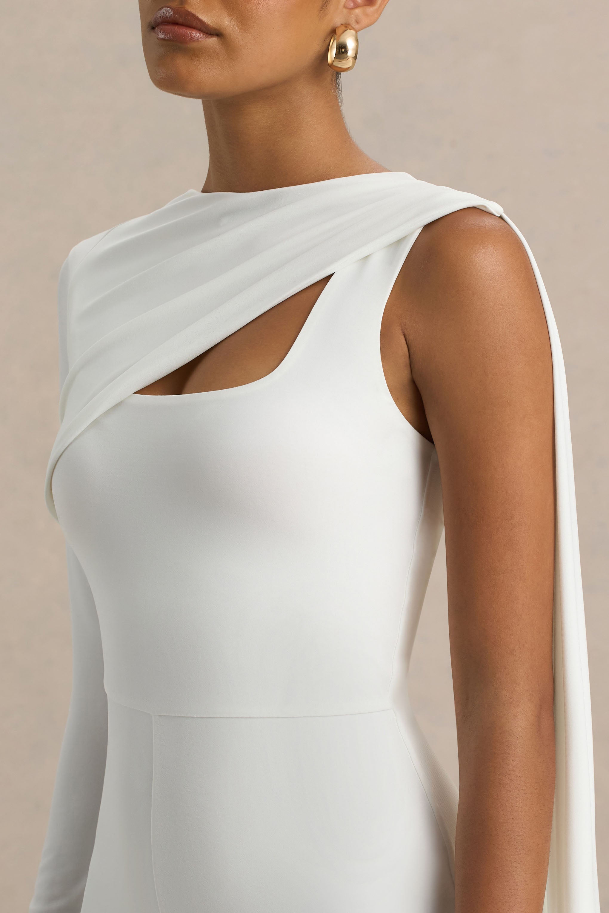 Graces | White High-Neck Jumpsuit With Cape Sleeve-Sowoom