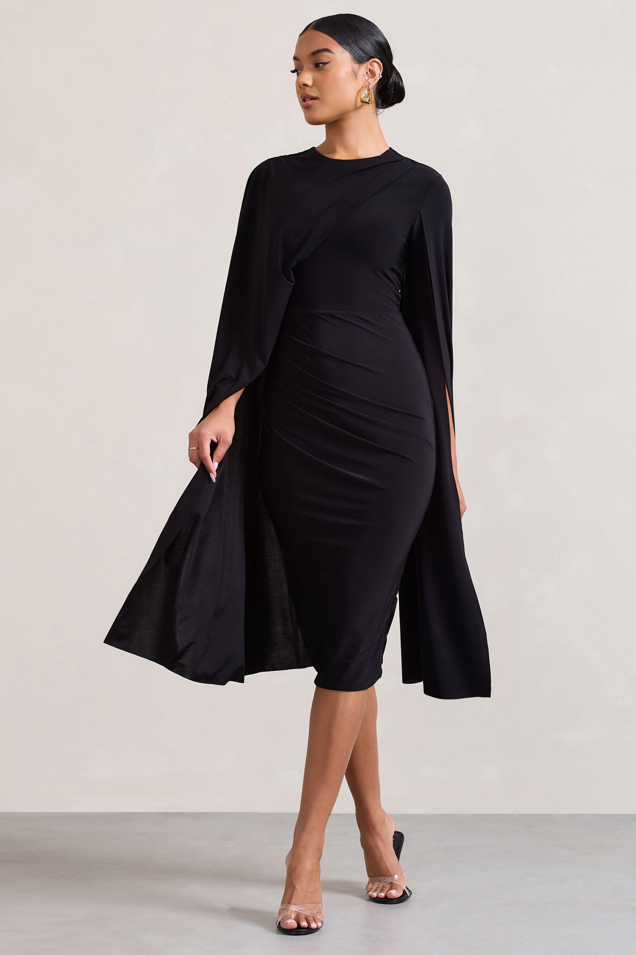 Marysol | Black Asymmetric Cape Midi Dress-Sowoom