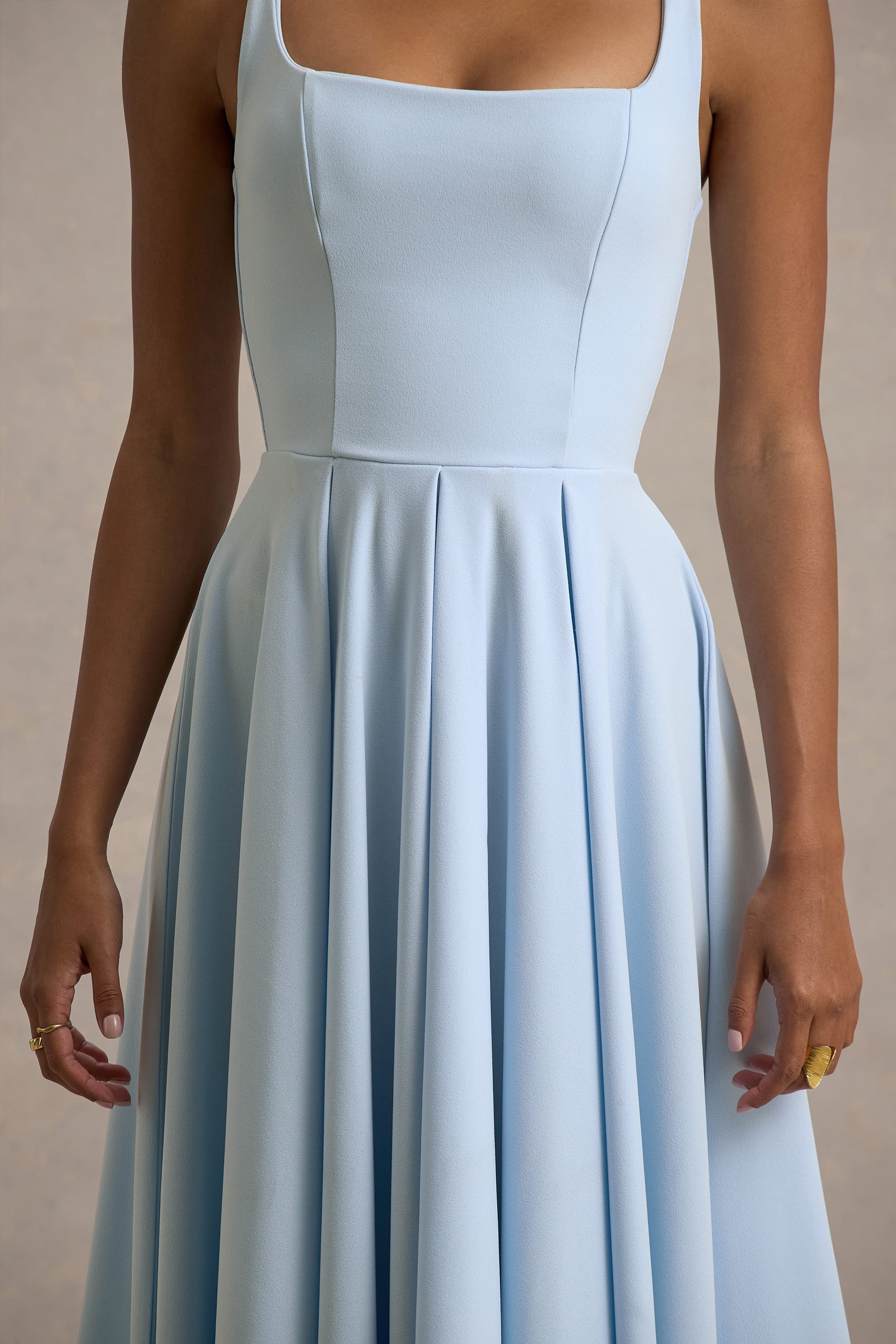 Parina | Powder Blue Strappy Volume-Hem Midi Dress-Sowoom