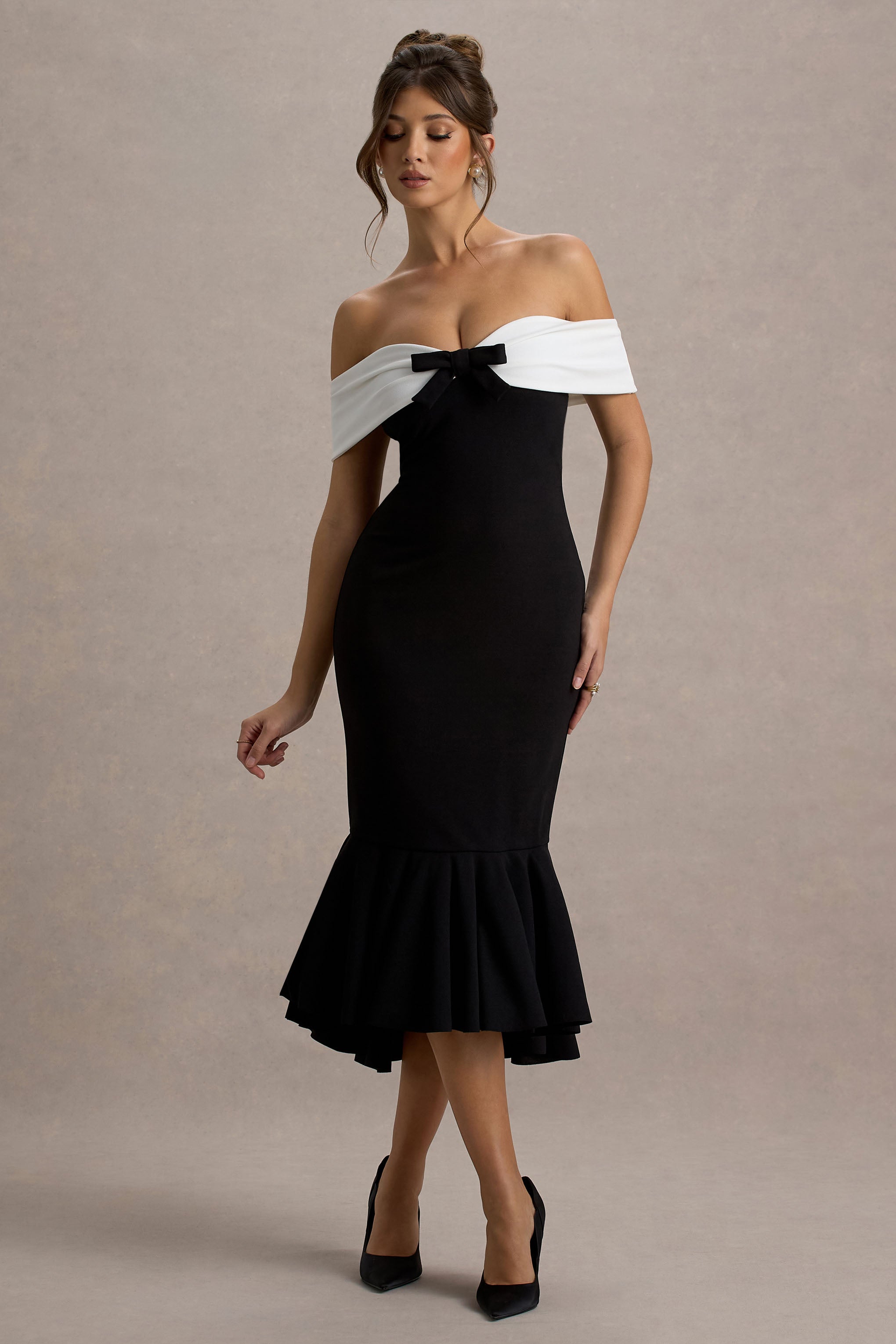 Corola | Black & White Bardot Volume-Hem Midi Dress-Sowoom