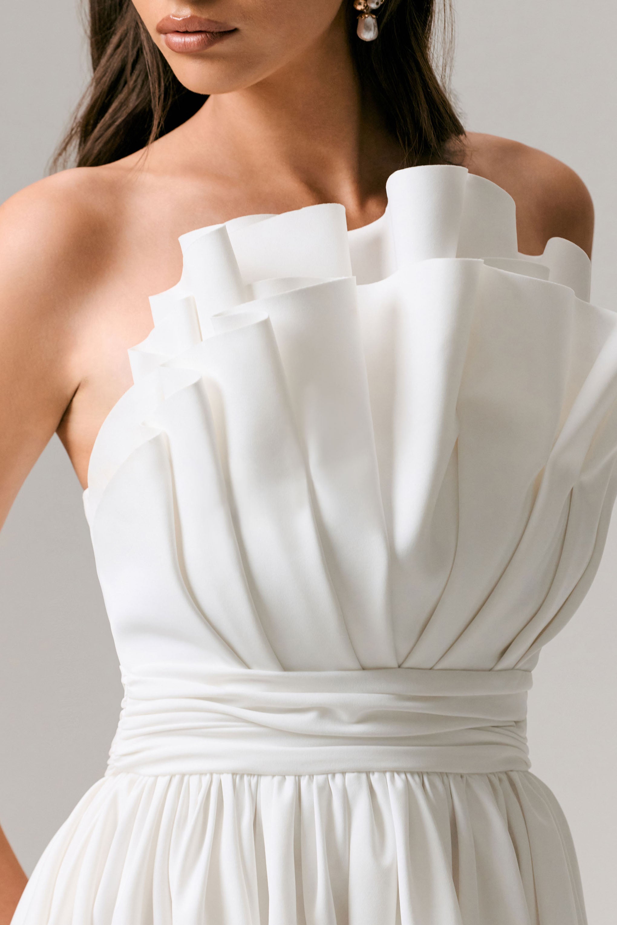 Distinguished | White Asymmetric Ruffled Mini Dress-Sowoom