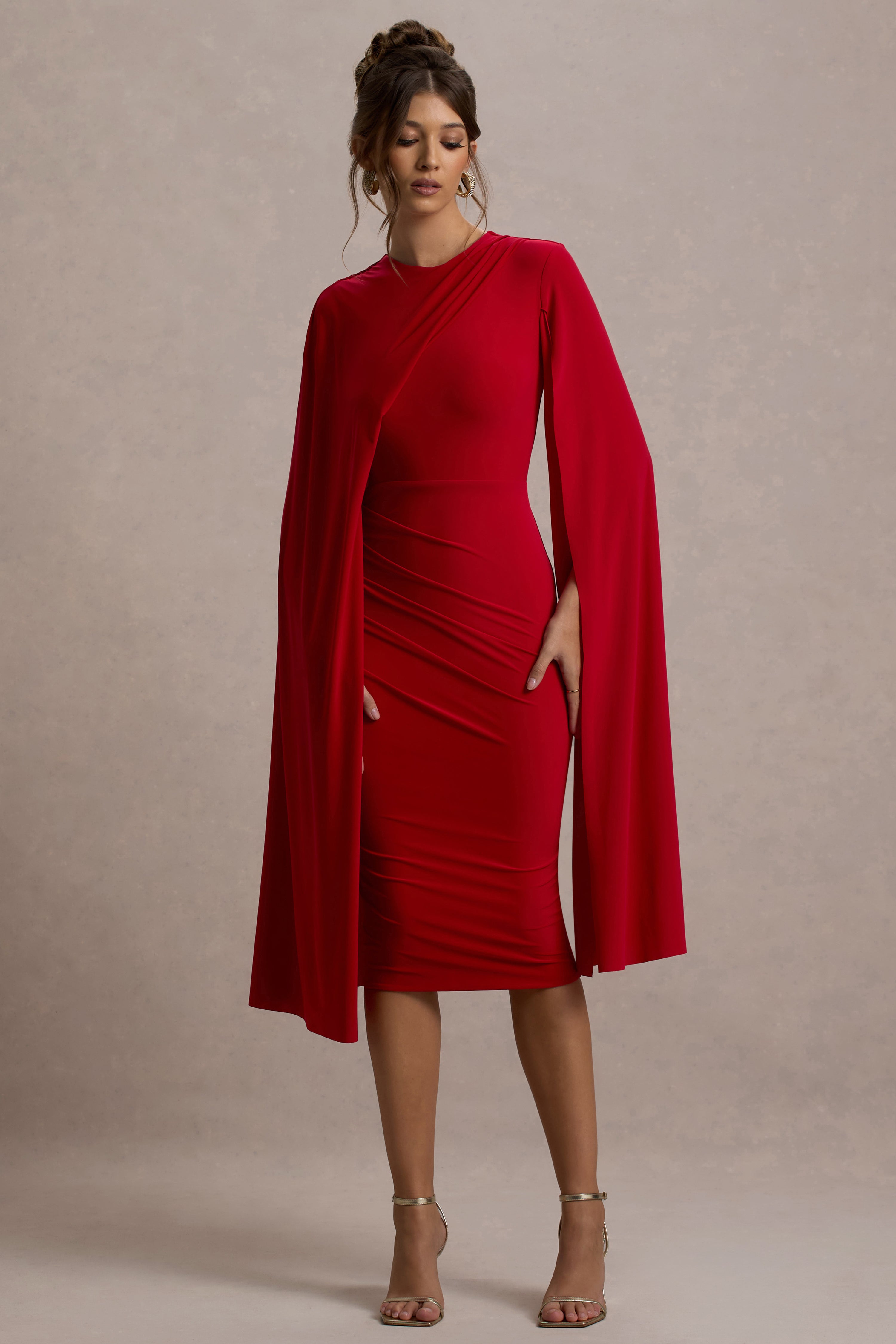 Marysol | Red Asymmetric Cape Midi Dress-Sowoom