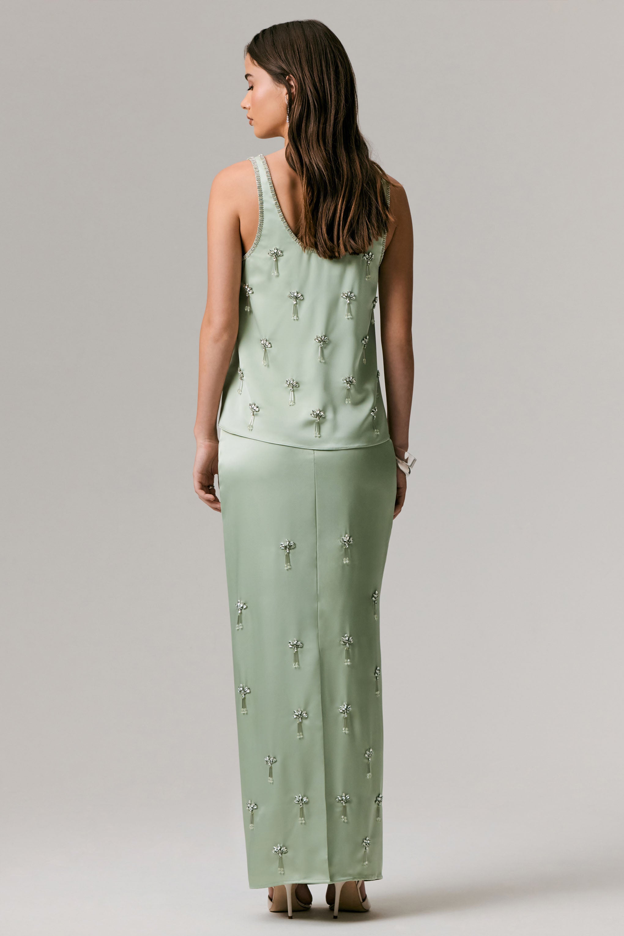 Lena | Mint Satin Embellished Maxi Skirt-Sowoom