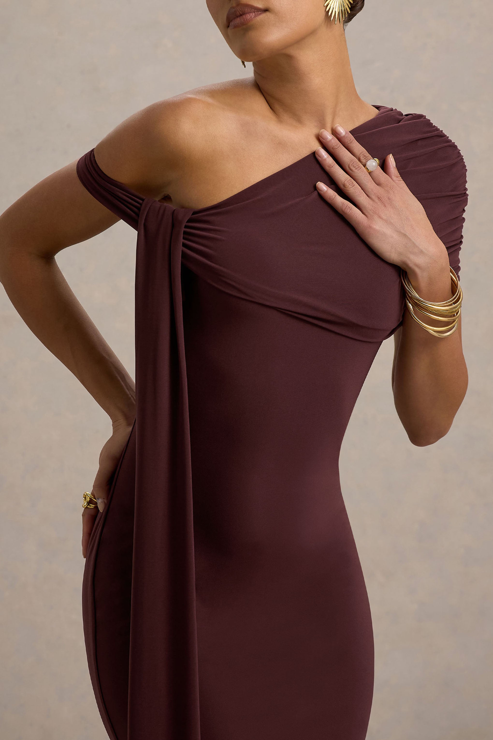 Praia | Chocolate Brown Asymmetric-Neck Midi Dress With Sash and Draped Detailing-Sowoom