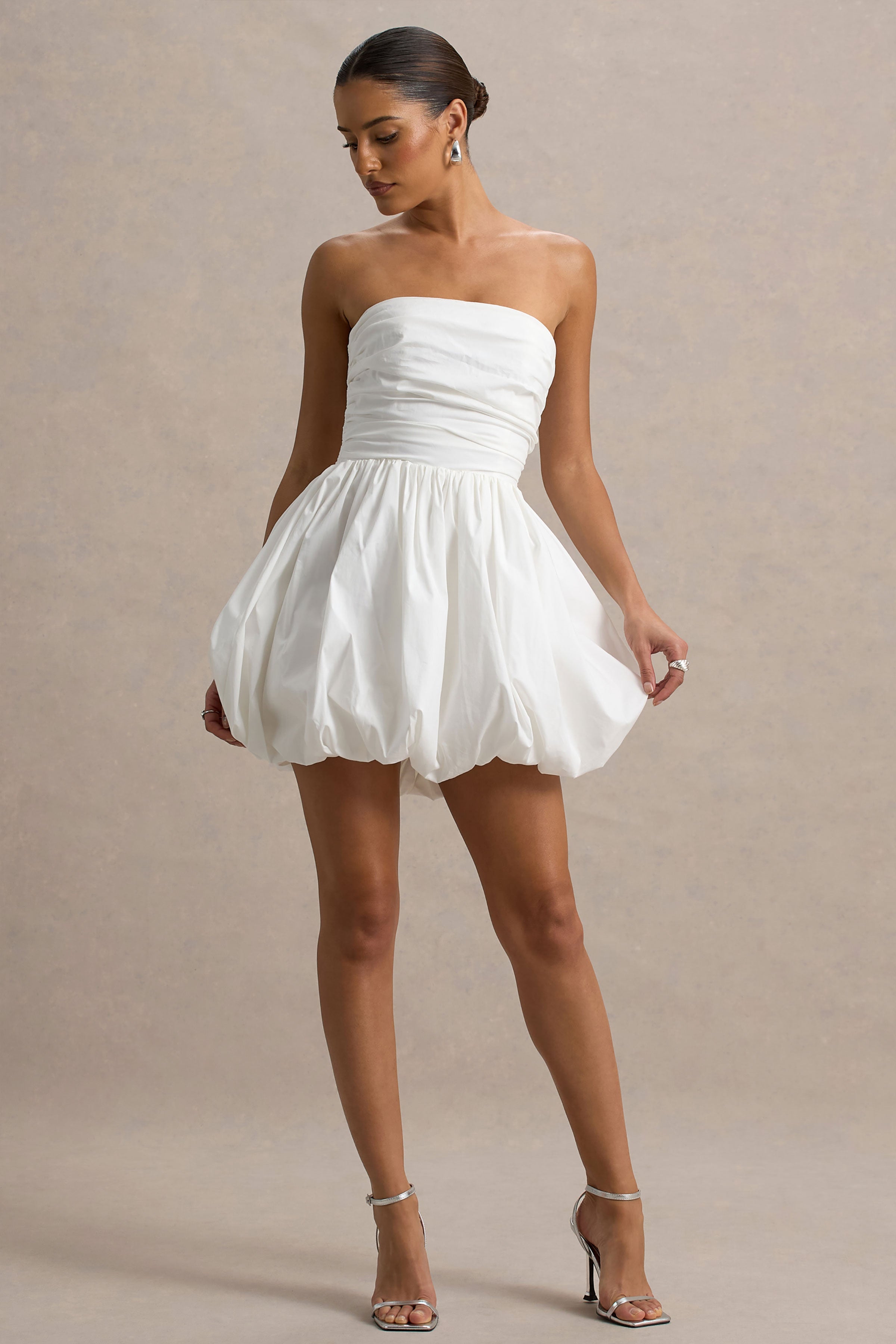Faye | White Puff Ball Bandeau Micro Mini Dress With Ruching Details-Sowoom