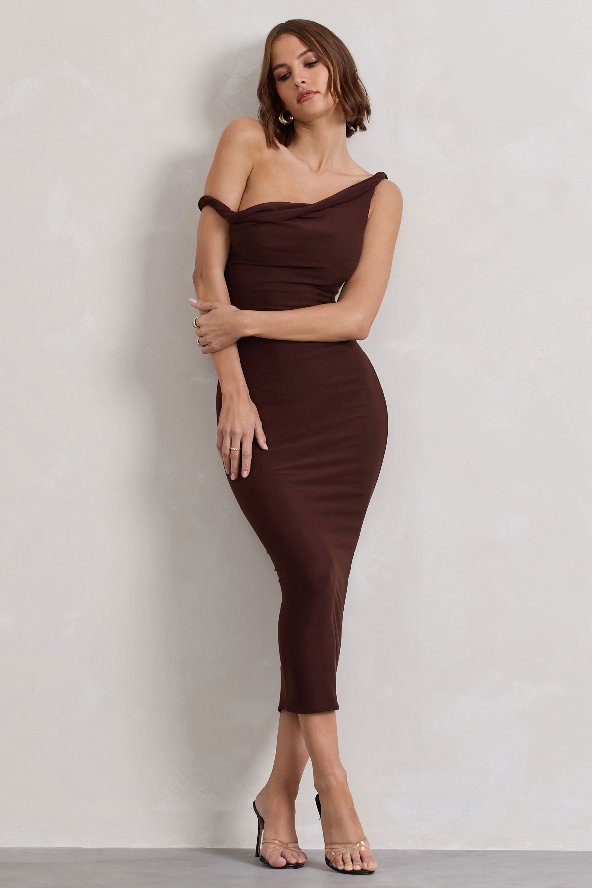 Salome | Chocolate Brown Twisted Asymmetric Midi Dress-Sowoom
