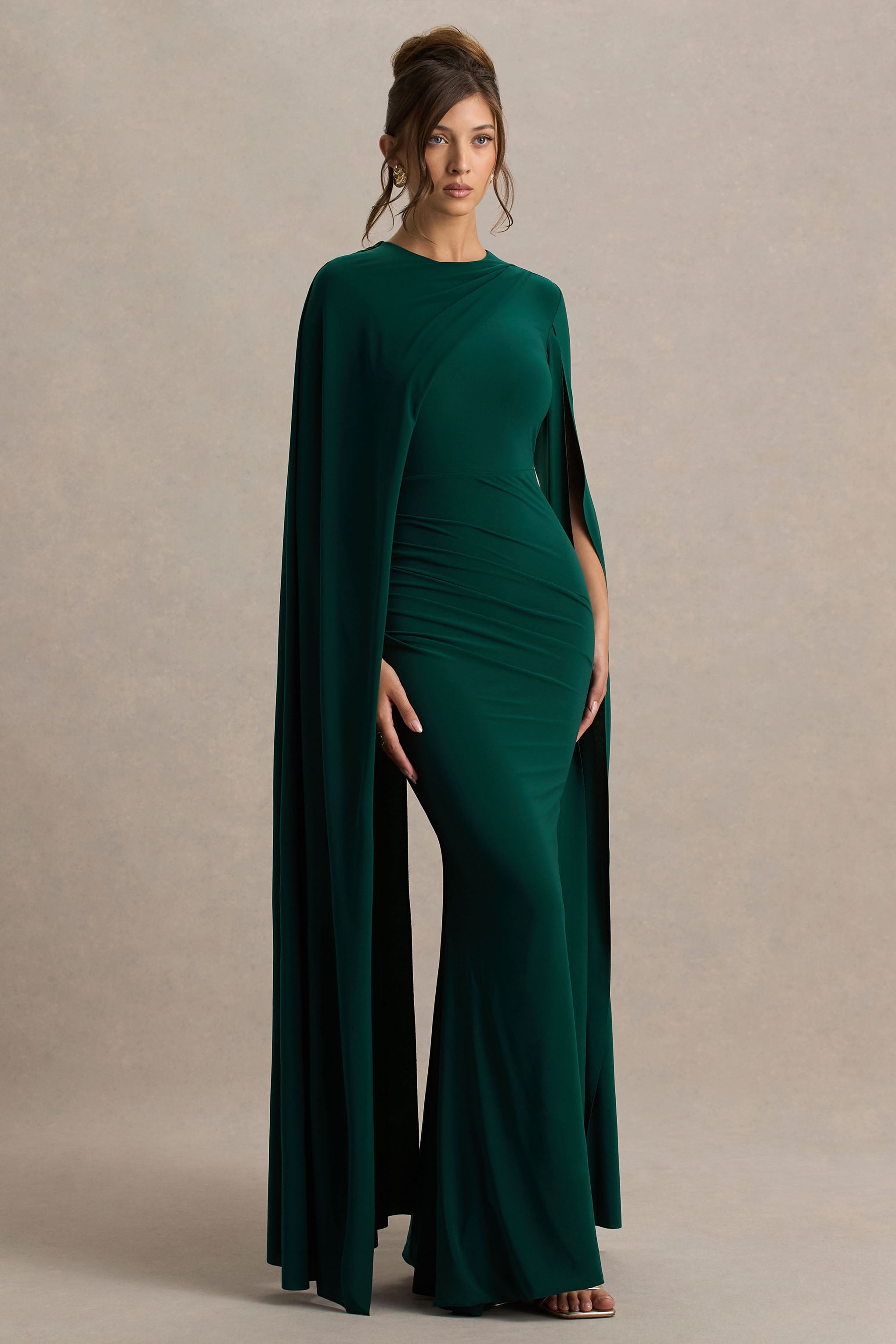 Magdelena | Bottle Green Asymmetric Cape Maxi Dress-Sowoom