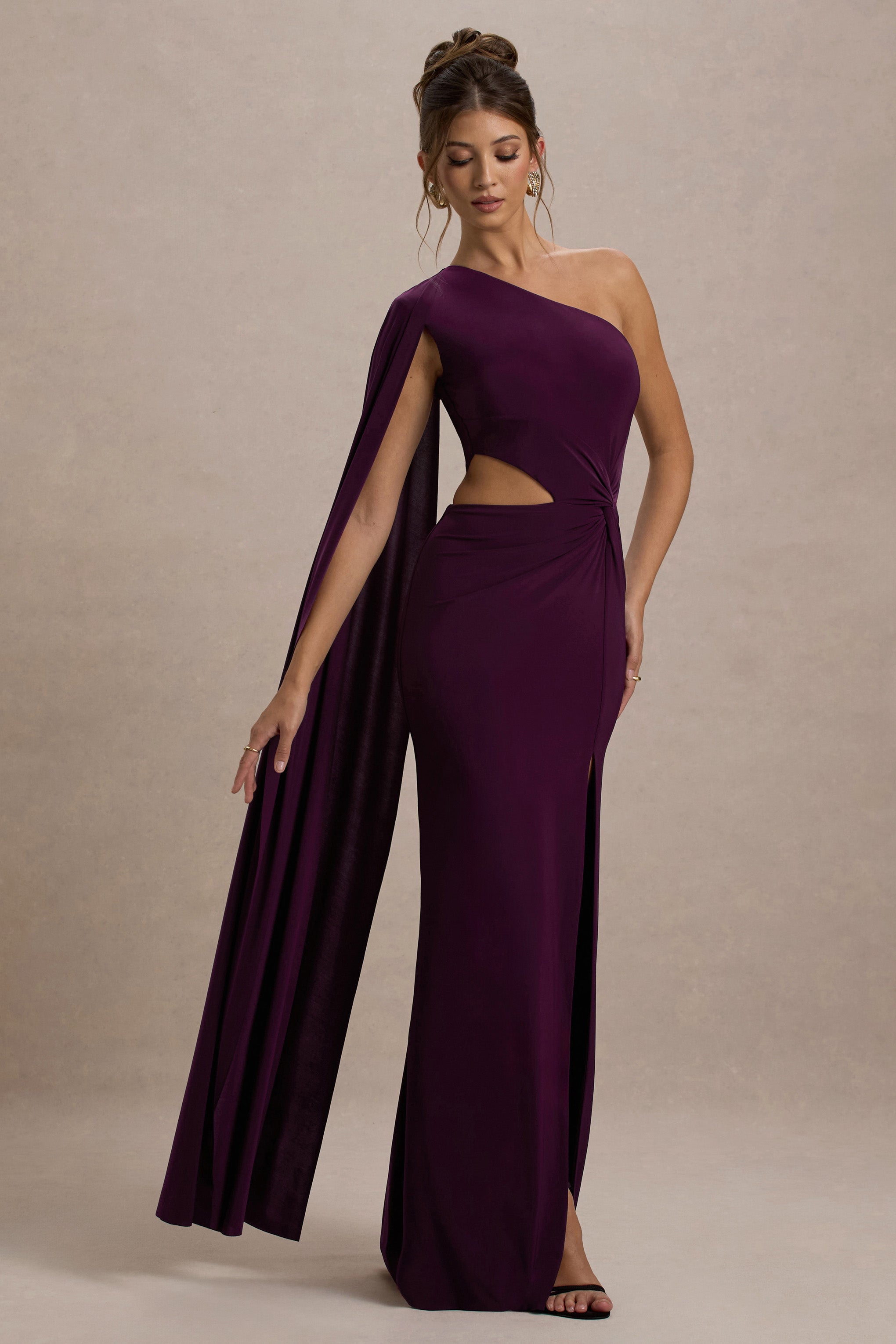Brona | Plum One-Shoulder Cape-Sleeve Split Maxi Dress-Sowoom