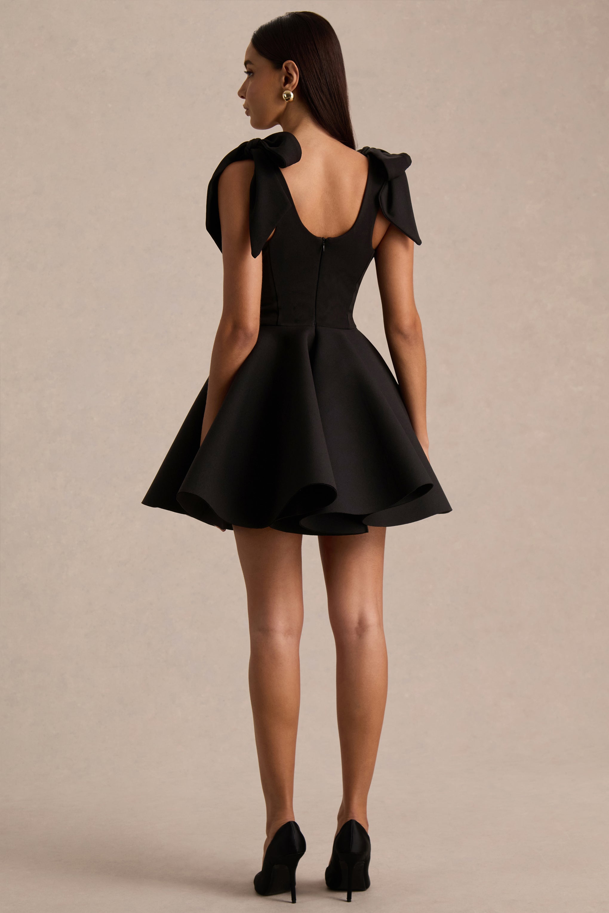 Hestia | Black Sweetheart-Neck Mini Dress With Bow Sleeves-Sowoom