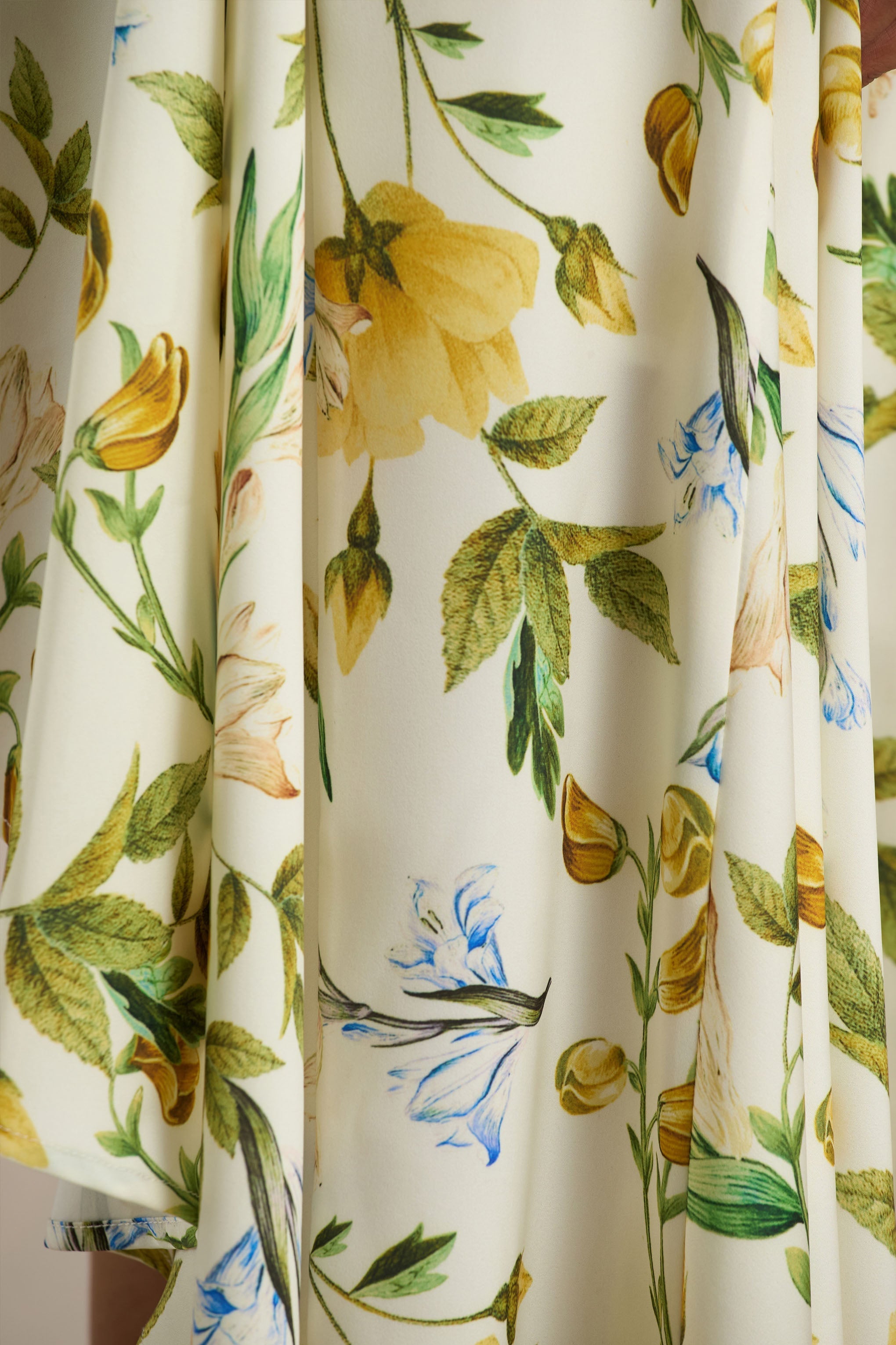 Glint | White Botanical Print Satin Plunge-Neck Maxi Dress With Asymmetric Hem-Sowoom