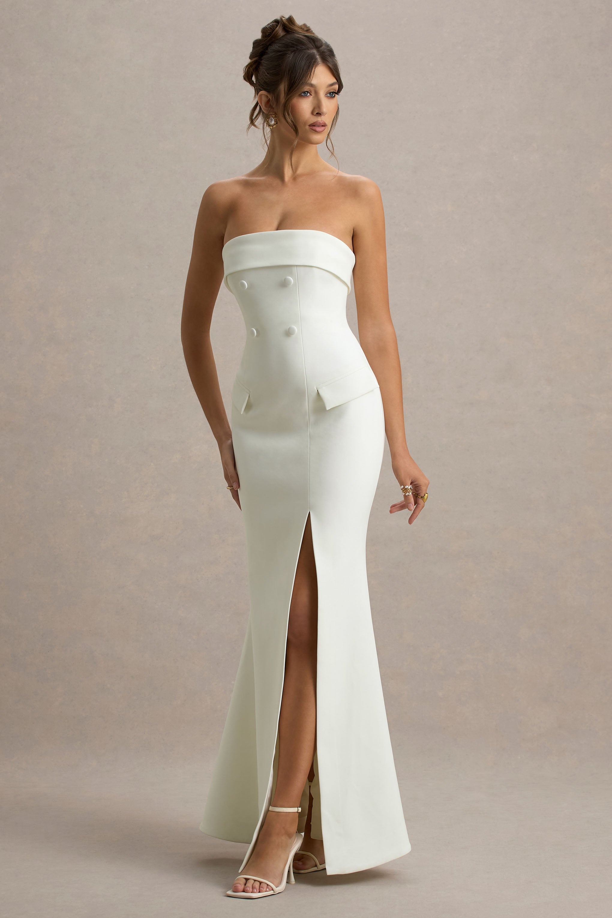 Lucia | Cream Bandeau Tailored Maxi Dress With Split-Sowoom