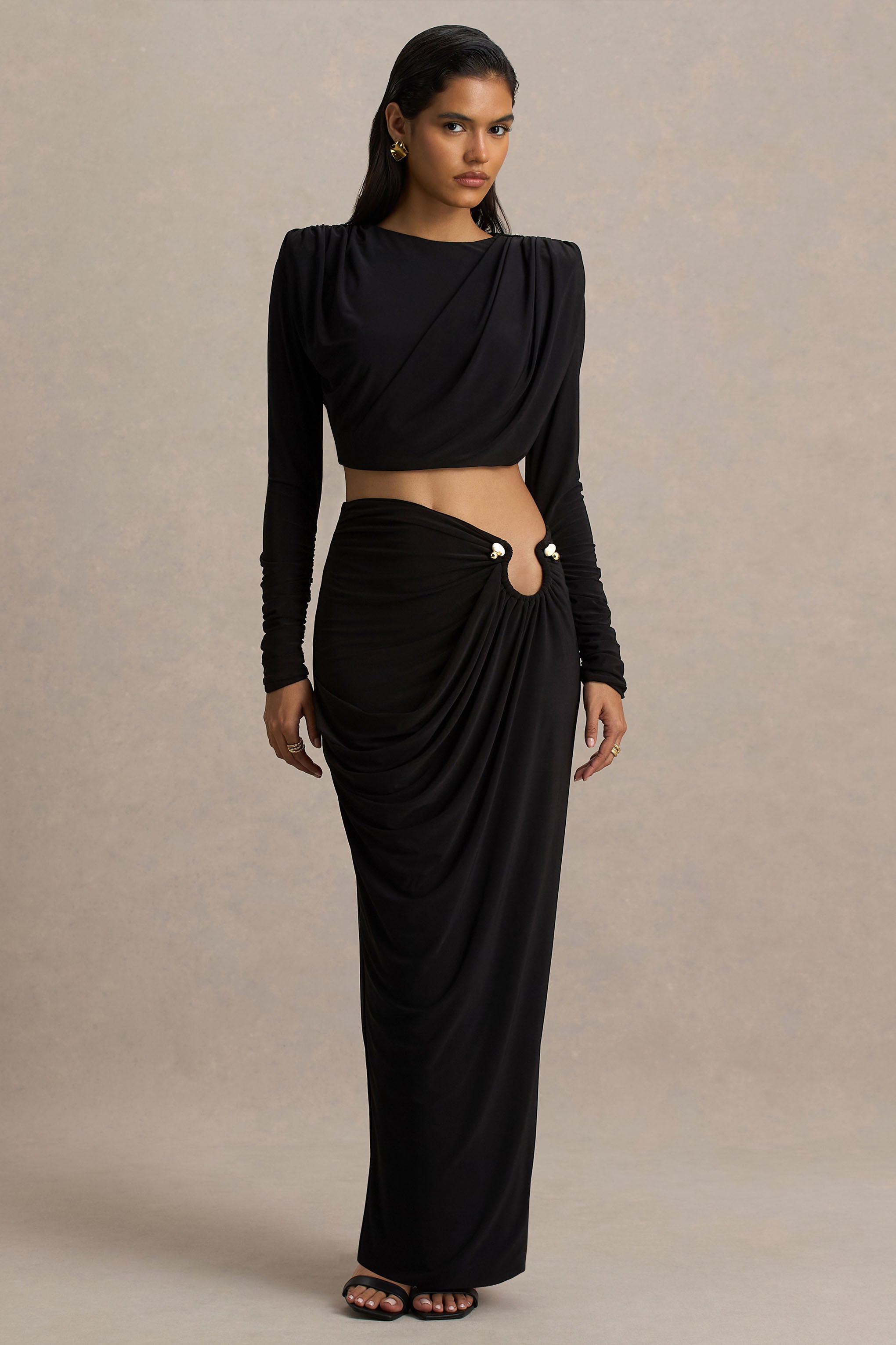 Avaline | Black Wrap Maxi Skirt With Ruched Detailing-Sowoom