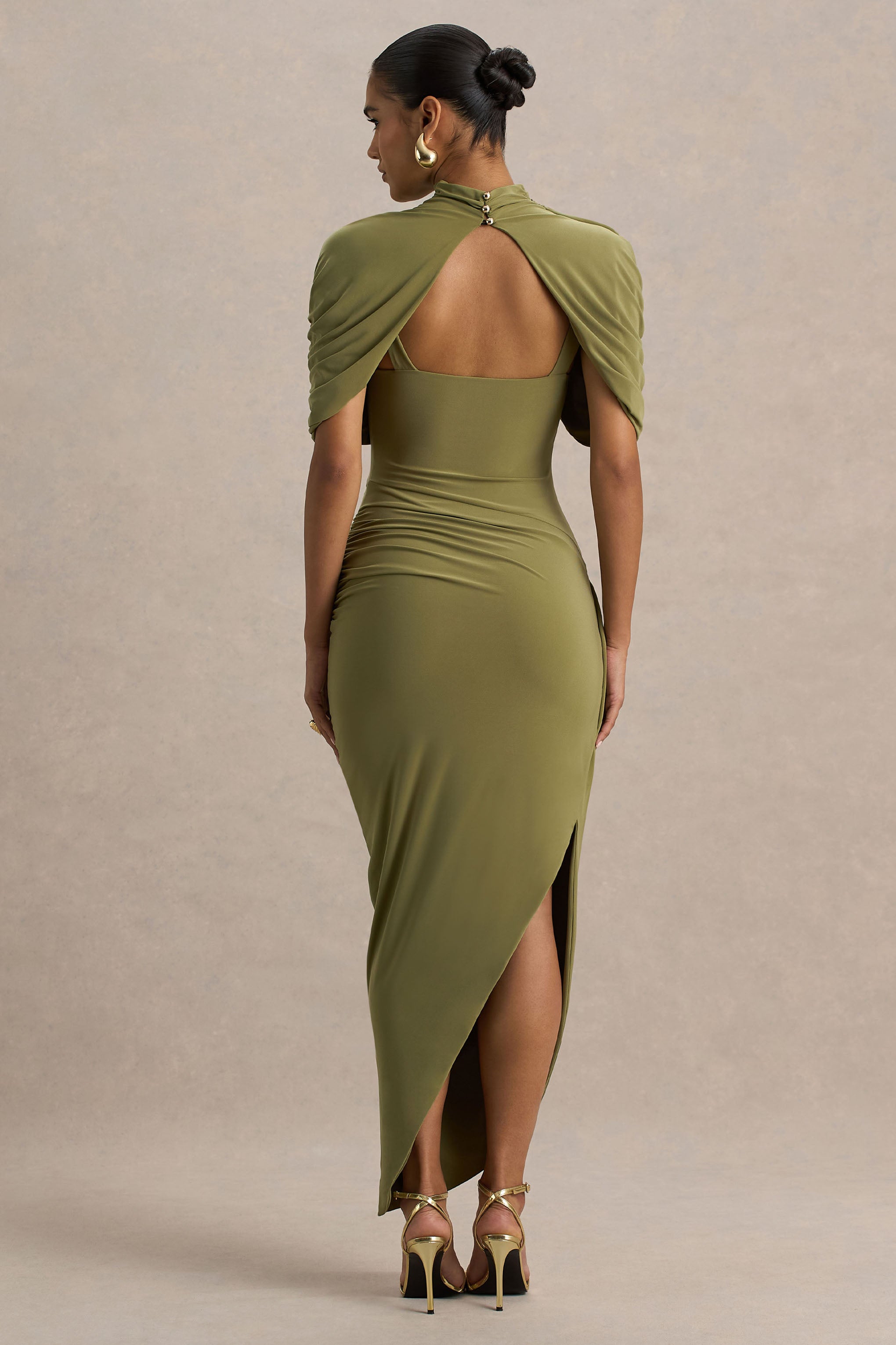 Enchant | Olive Asymmetric Twisted Cape Midi Dress-Sowoom