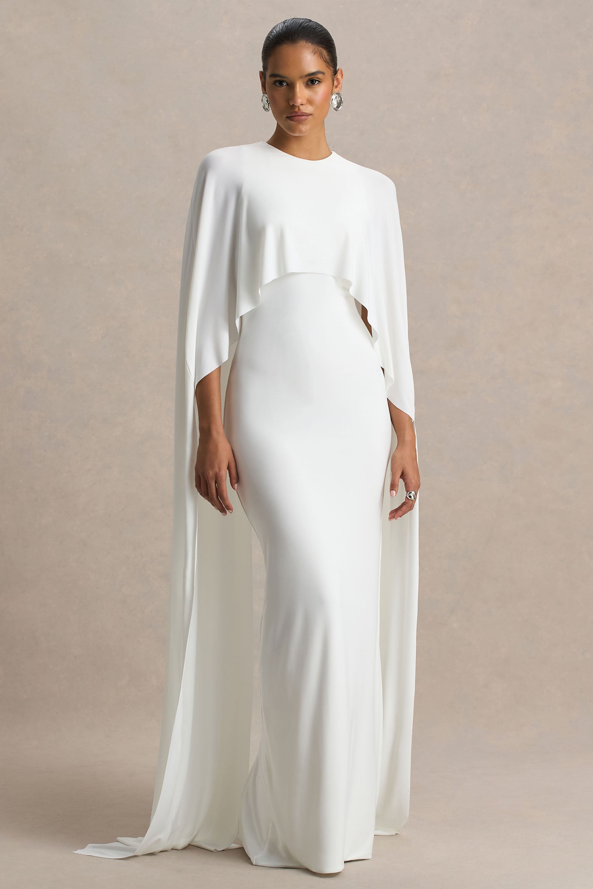 Padma | White Draped Maxi Dress With Cape Sleeves-Sowoom