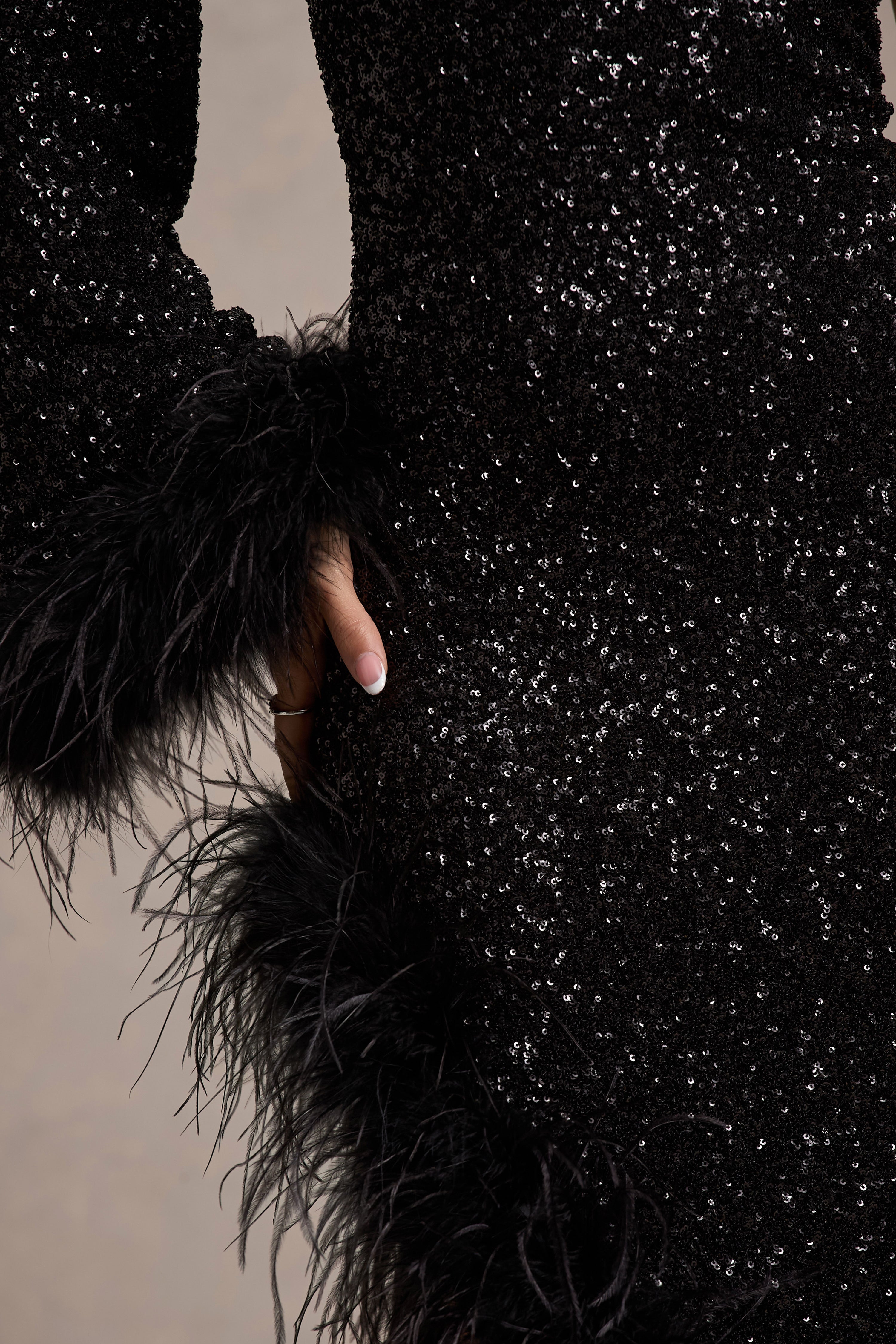 Shadow | Black Sequin One-Shoulder Feather Trim Maxi Dress-Sowoom