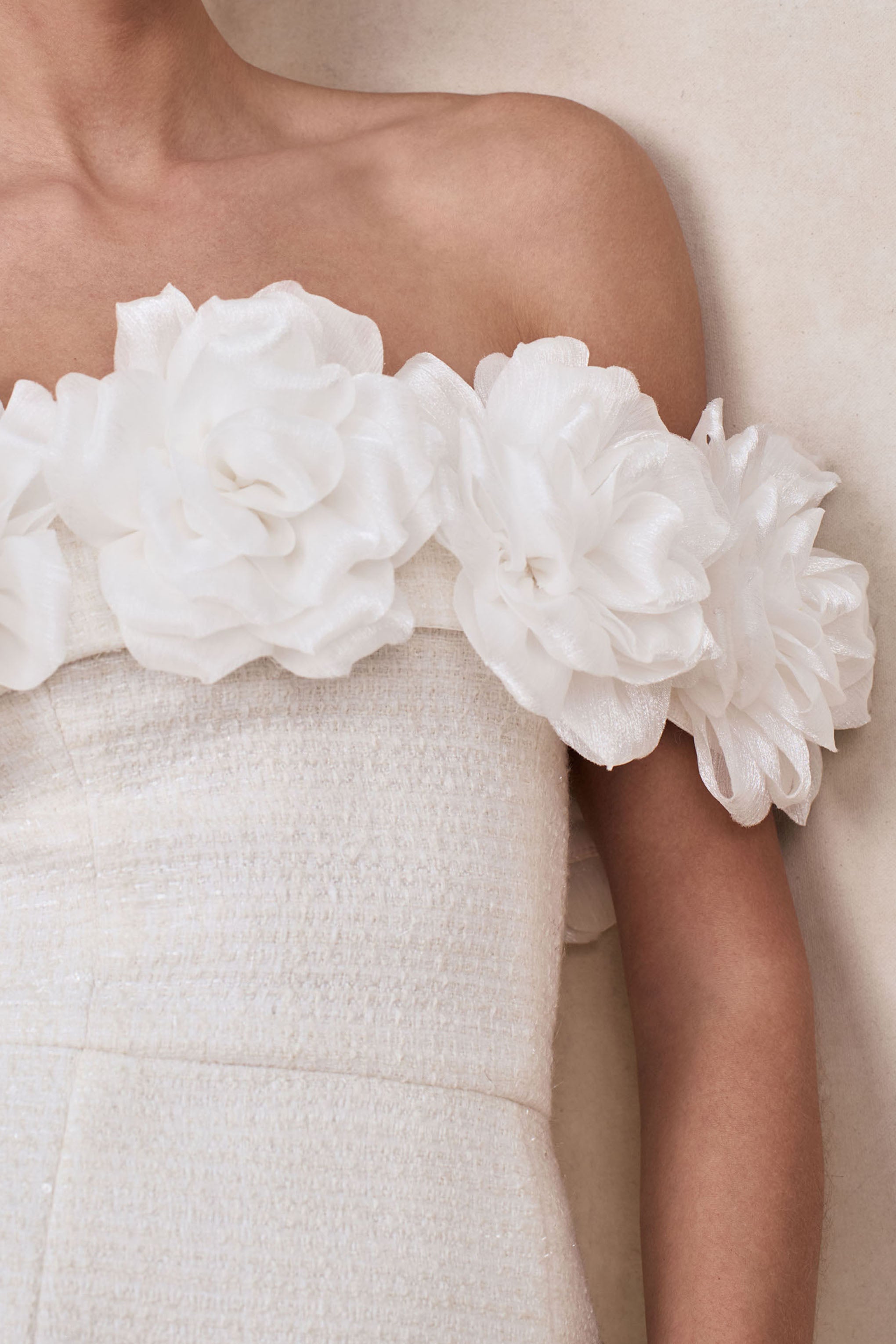 Florinda | White Boucle Floral-Bardot Neck Mini Dress-Sowoom