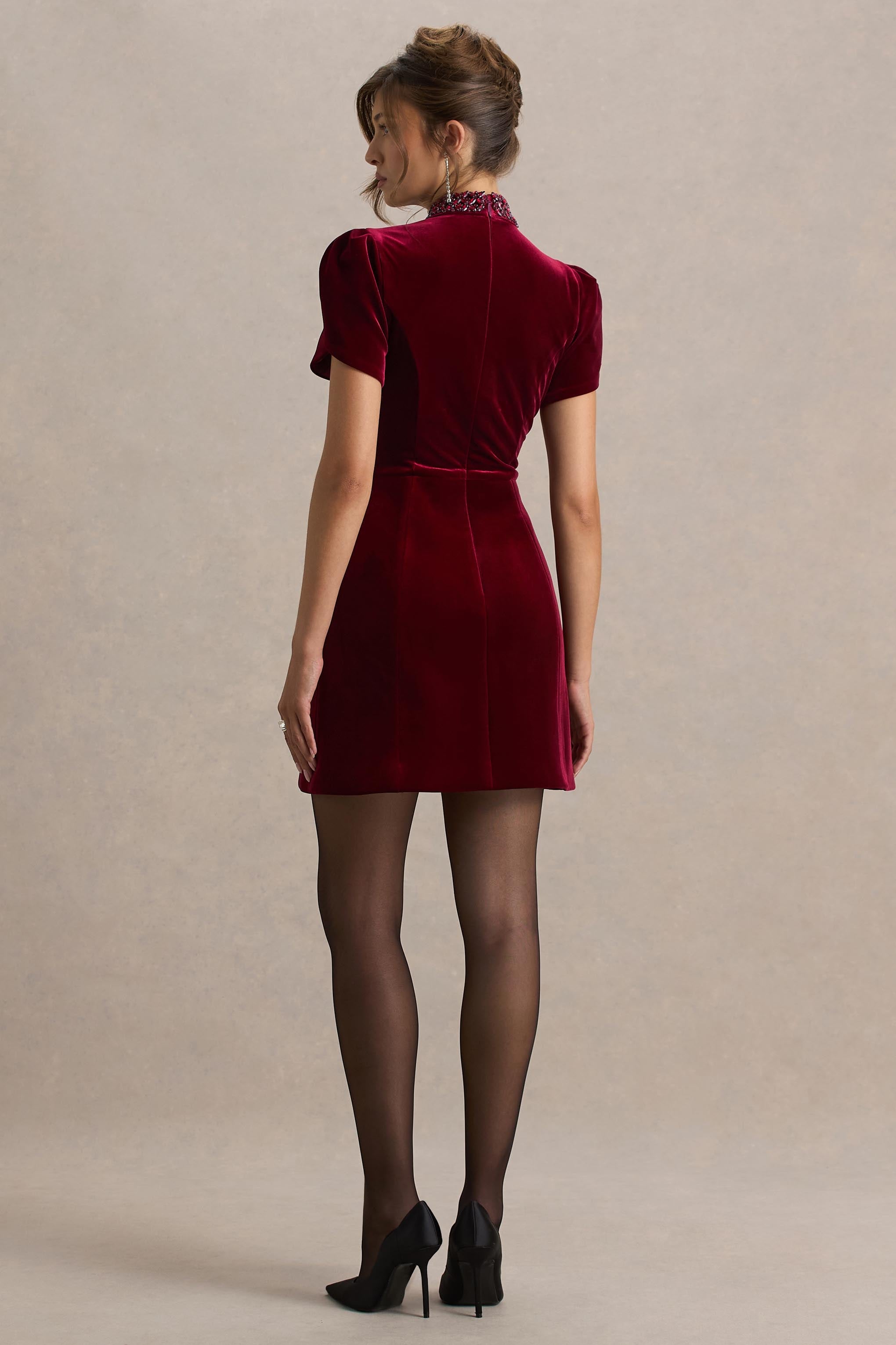Margot | Burgundy High-Neck Velvet Mini Dress With Embellished Detail-Sowoom